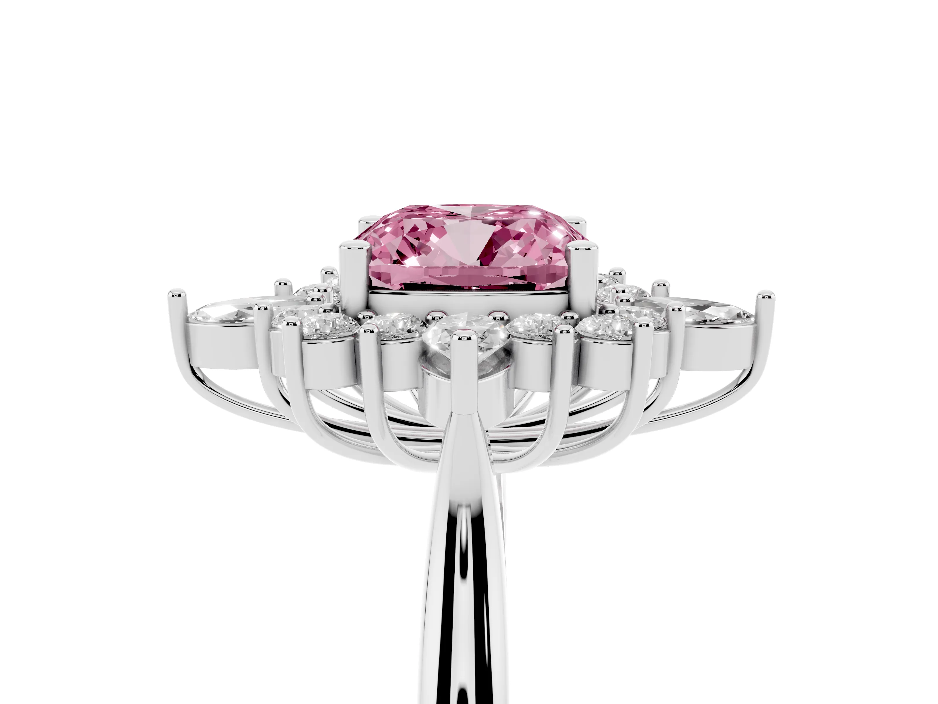 Fancy Pink Cushion Cut Diamond Cluster Halo Ring Set in White gold with Marquise and Round Accents