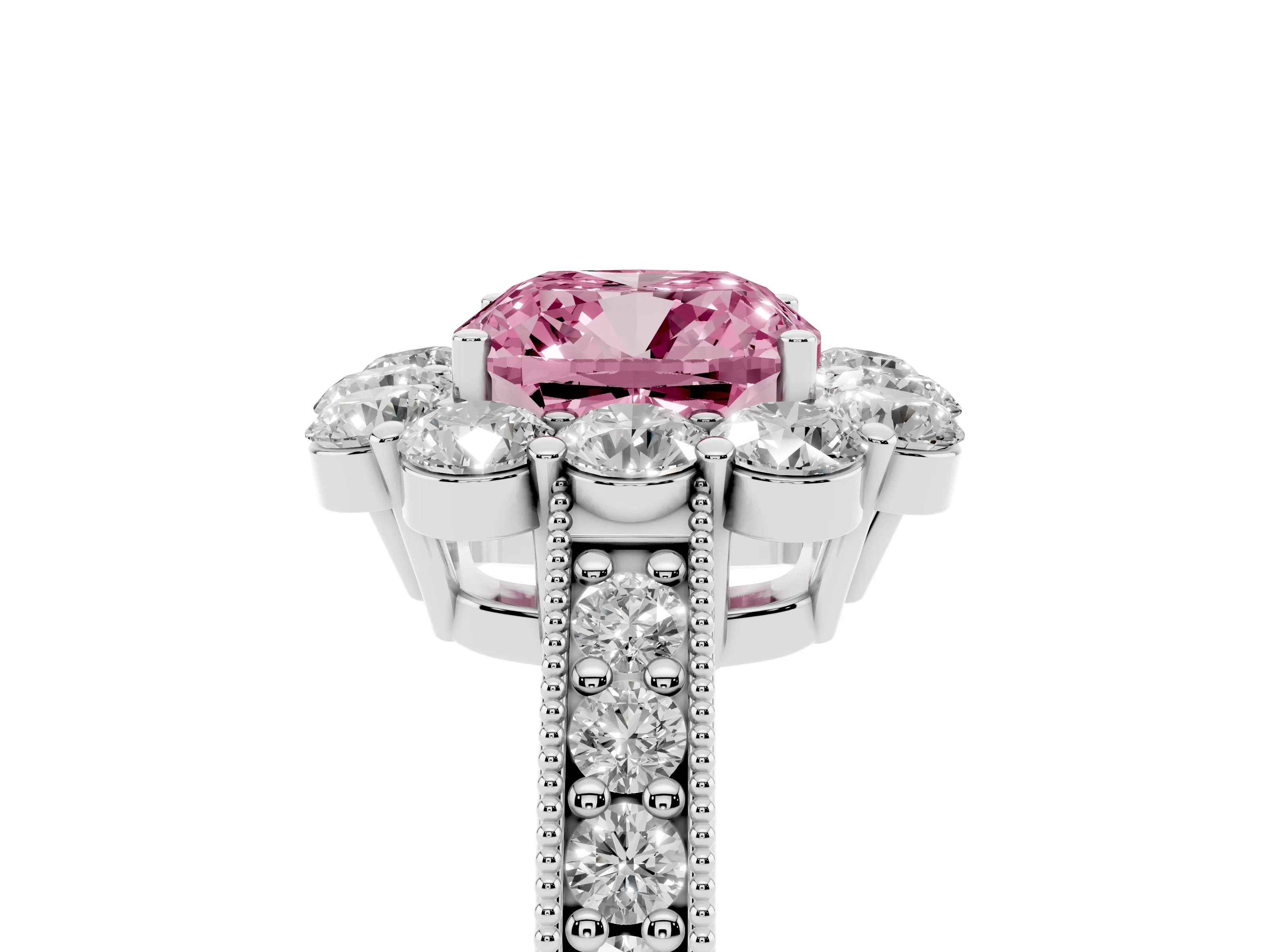 Fancy Pink Cushion Cut Diamond Halo Pavé Engagement Ring Set in Silver with Milgrain Detailing
