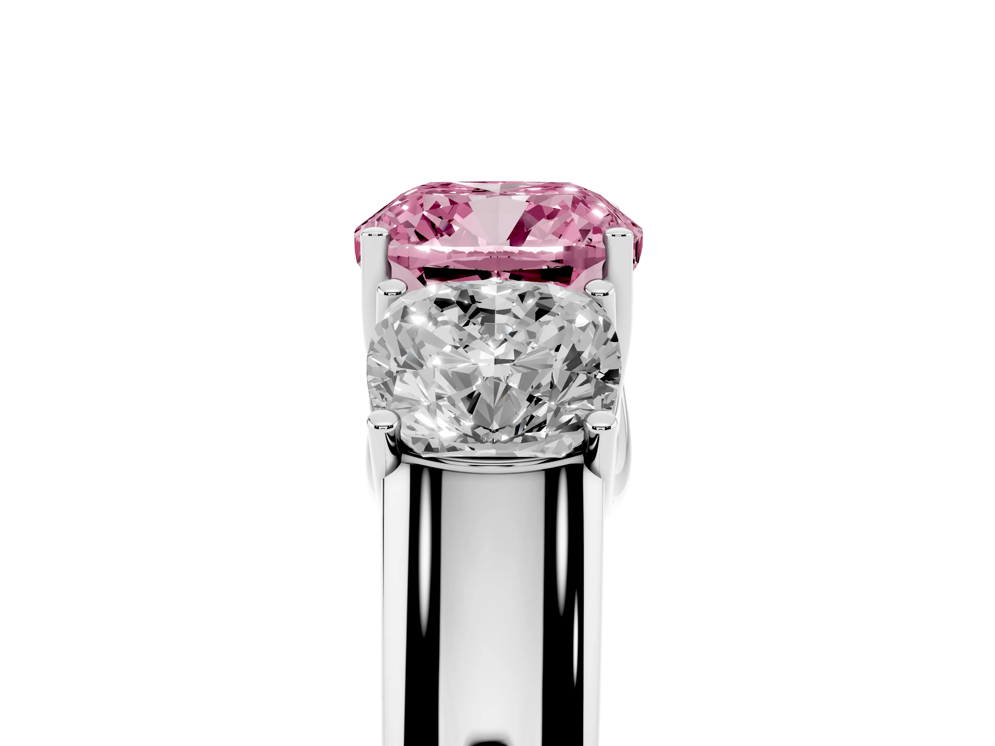 Fancy Pink Three-Stone Cushion Cut Diamond Ring Set in Silver with Matching Prong Settings and Plain Band