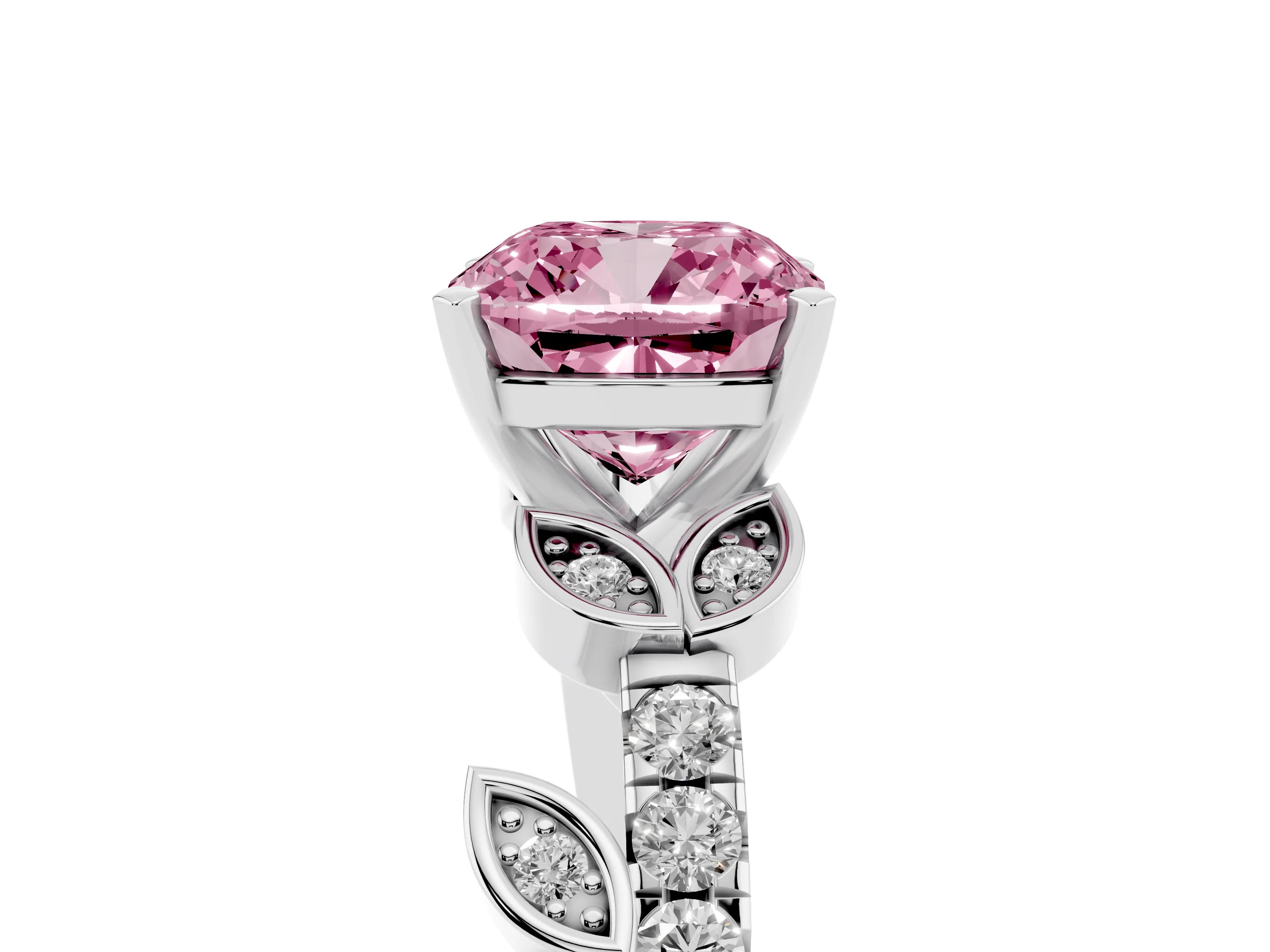 Fancy Pink Cushion Cut Diamond Solitaire Leaf-Inspired Ring Set in Silver with Pavé Band and Prong Setting