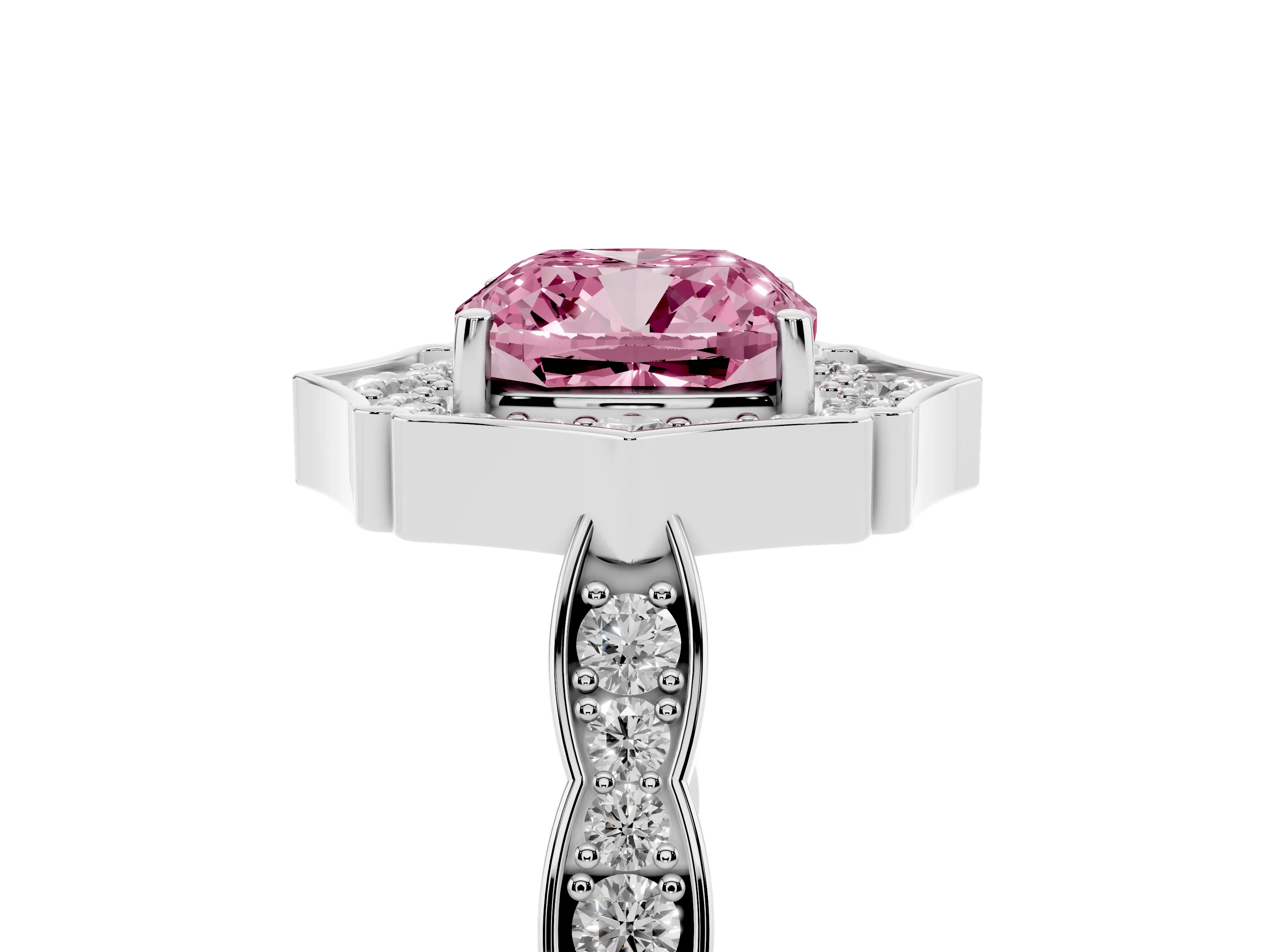 Fancy Pink Cushion Cut Diamond Halo Engagement Ring Set in Platinum with Milgrain Band and Prong Setting