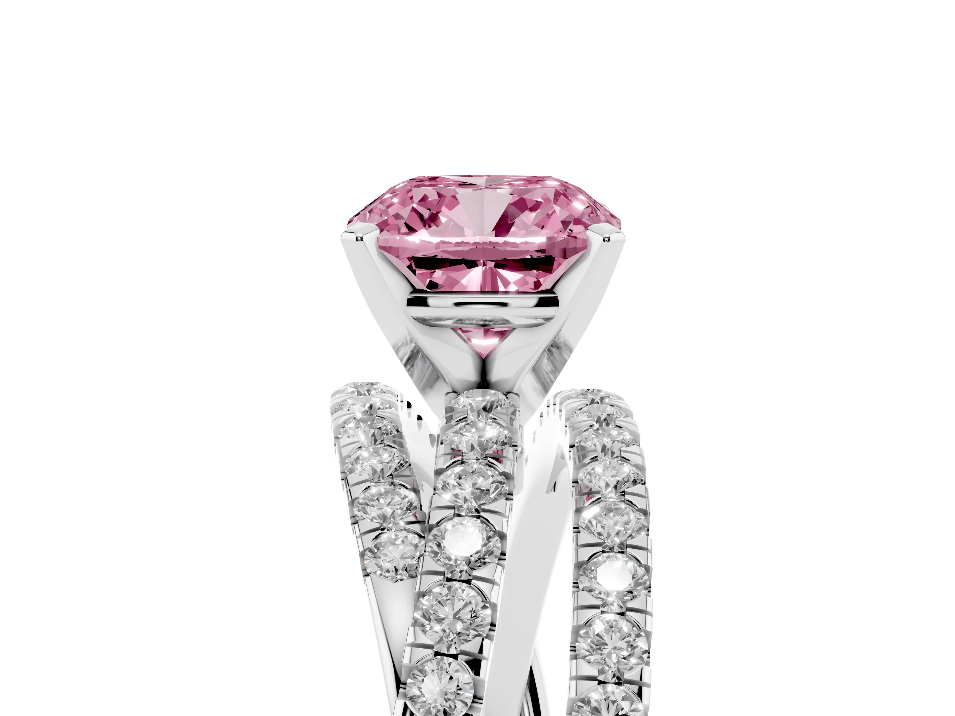 Fancy Pink Cushion Cut Diamond Solitaire Twist Band Ring Set in Platinum with Pavé Setting and Prong Head