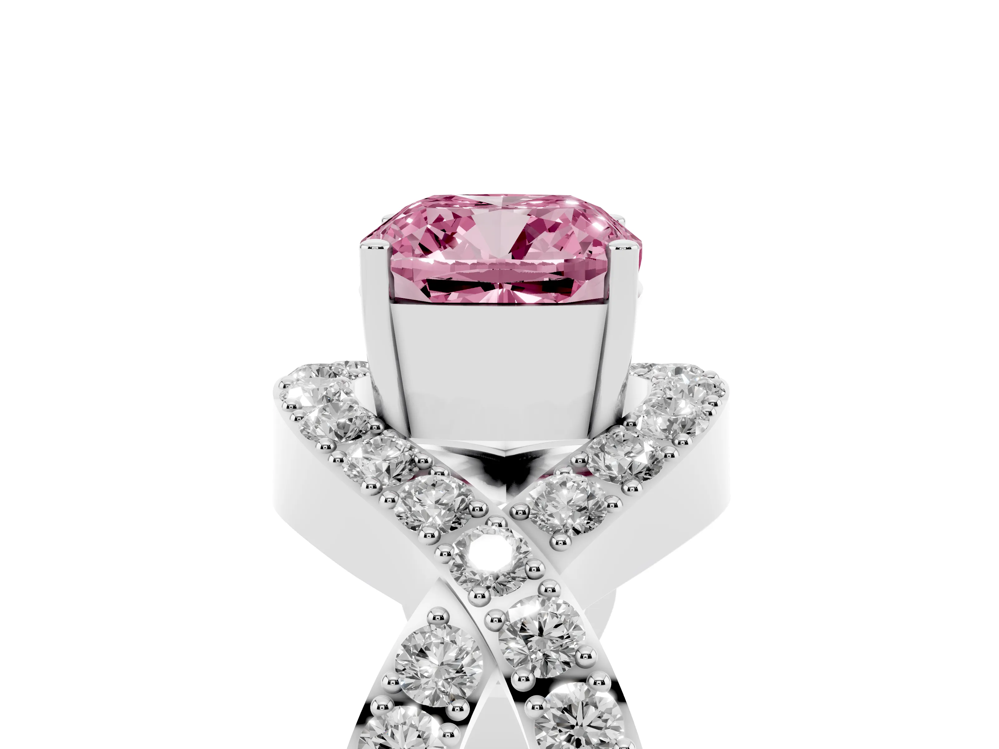 Fancy Pink Cushion Cut Diamond Solitaire Twist Band Pavé Engagement Ring Set in Platinum