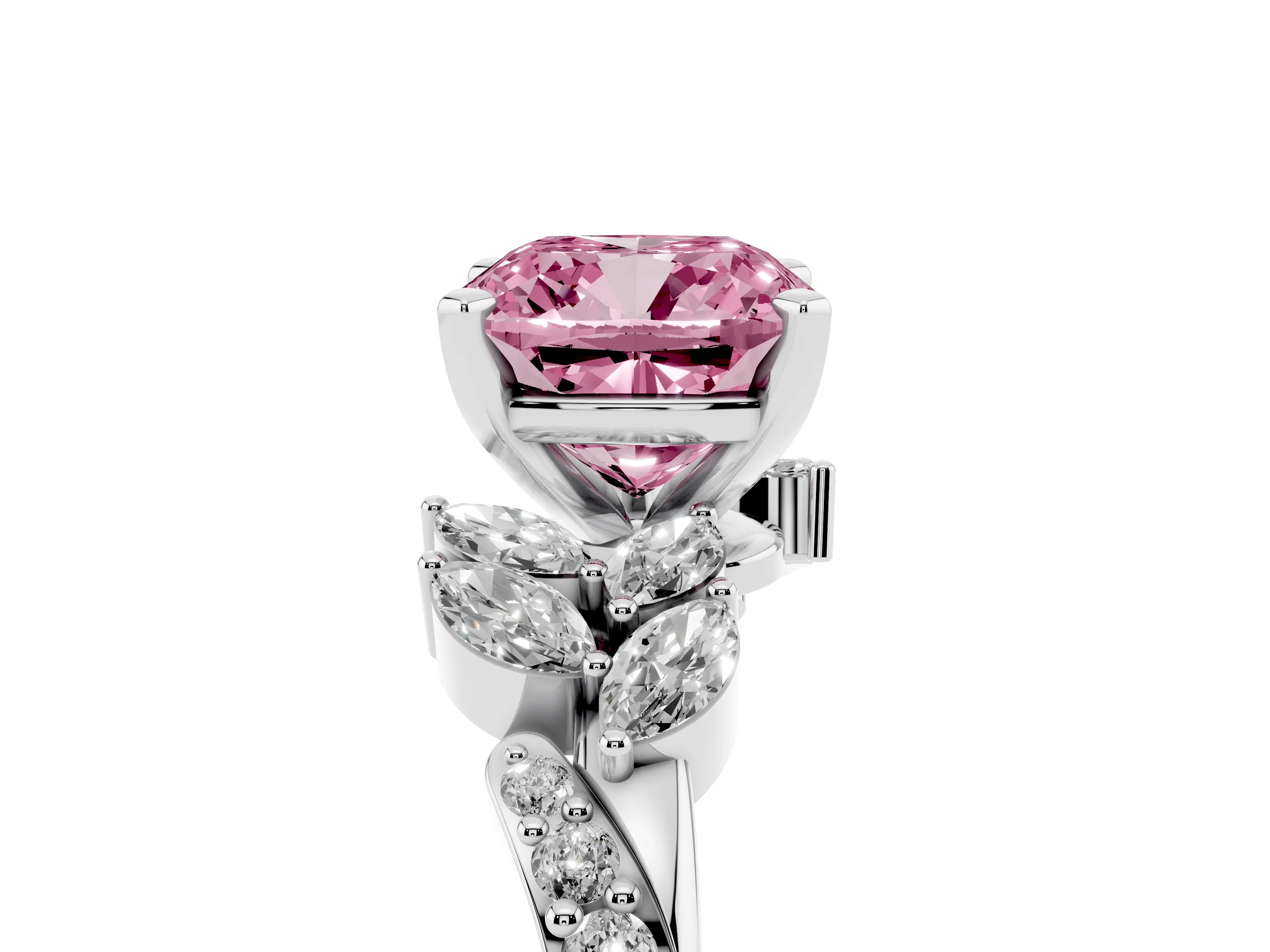 Fancy Pink Cushion Cut Diamond Solitaire Ring Set in White gold with Marquise Twist Band and Prong Setting