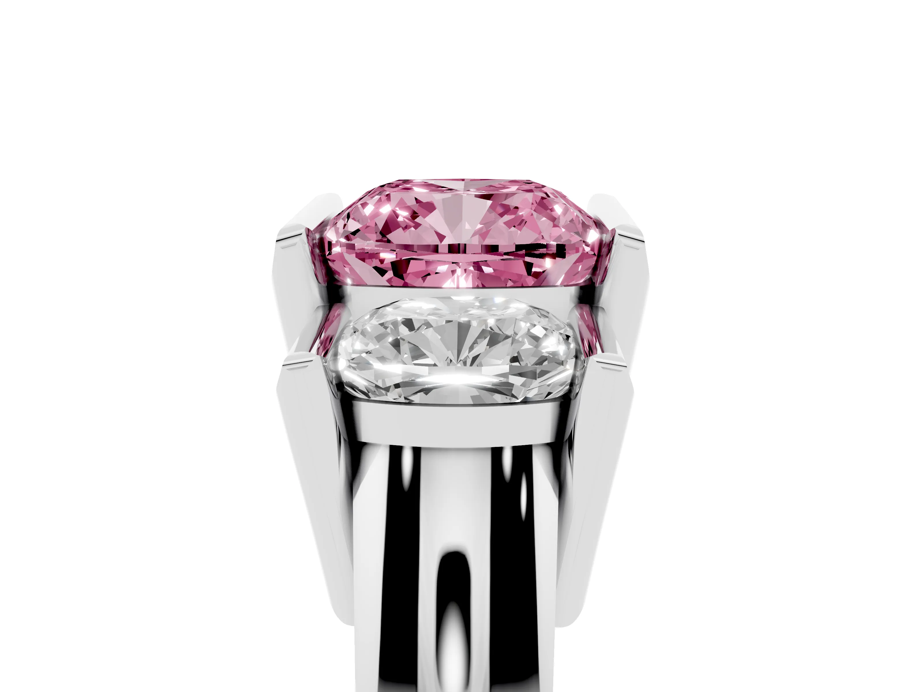 Fancy Pink Cushion Cut Diamond Three-Stone Channel Set Ring Set in Platinum with Smooth Polished Band