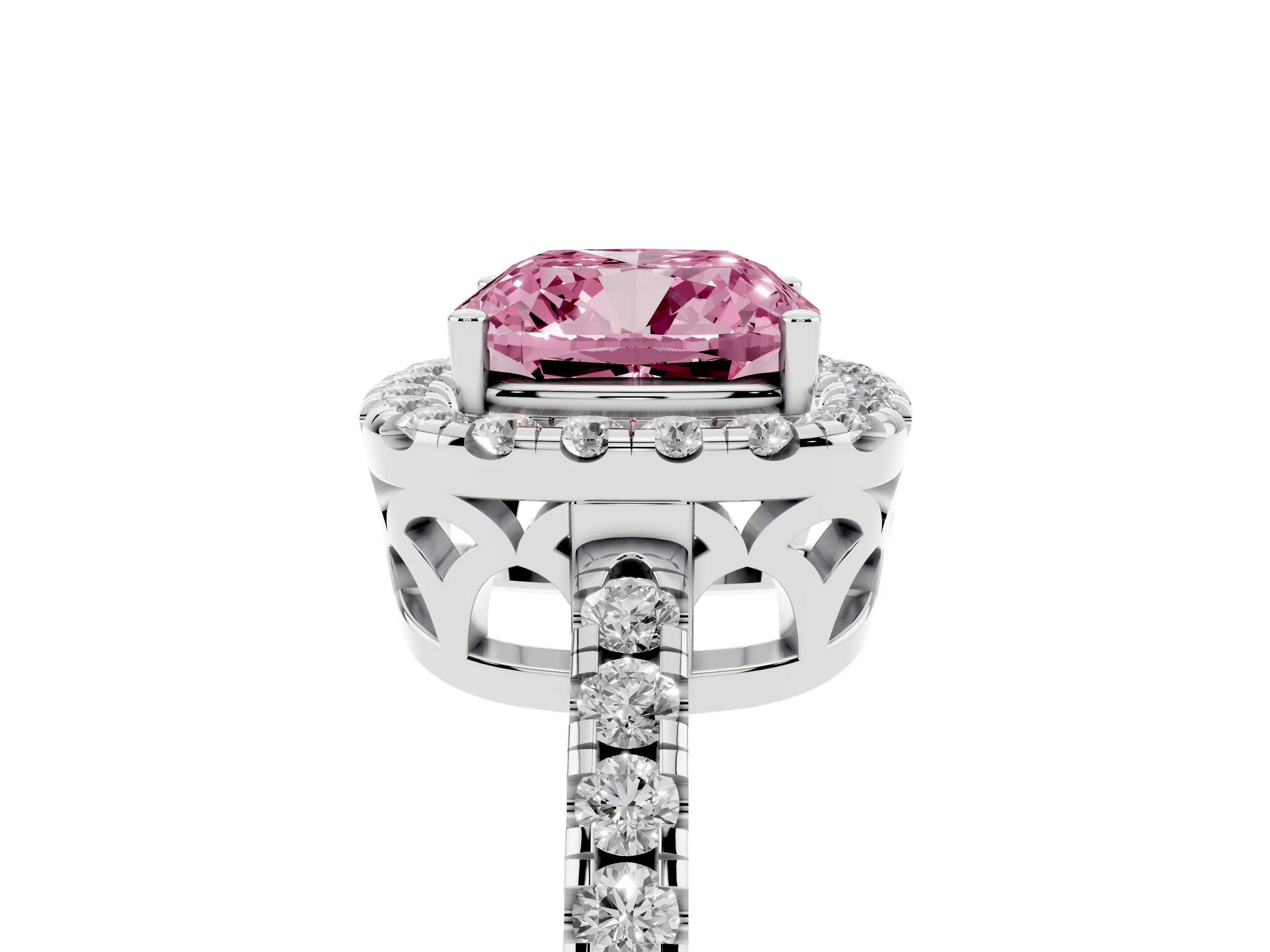 Fancy Pink Cushion Cut Diamond Pavé Band Halo Engagement Ring Set in Platinum with Prong Setting