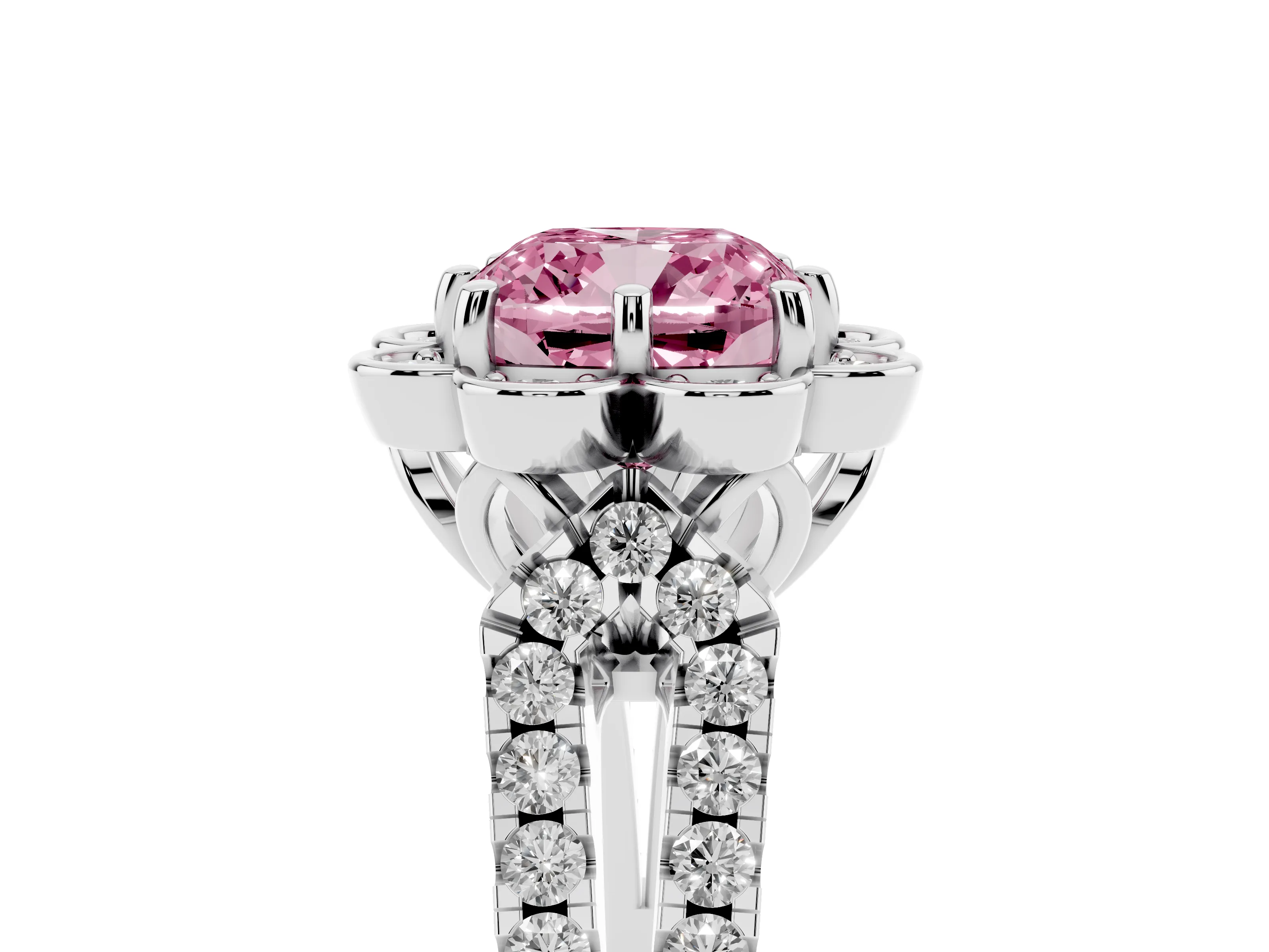 Fancy Pink Cushion Cut Diamond Floral Halo Split Shank Engagement Ring Set in Silver with Pavé Shank