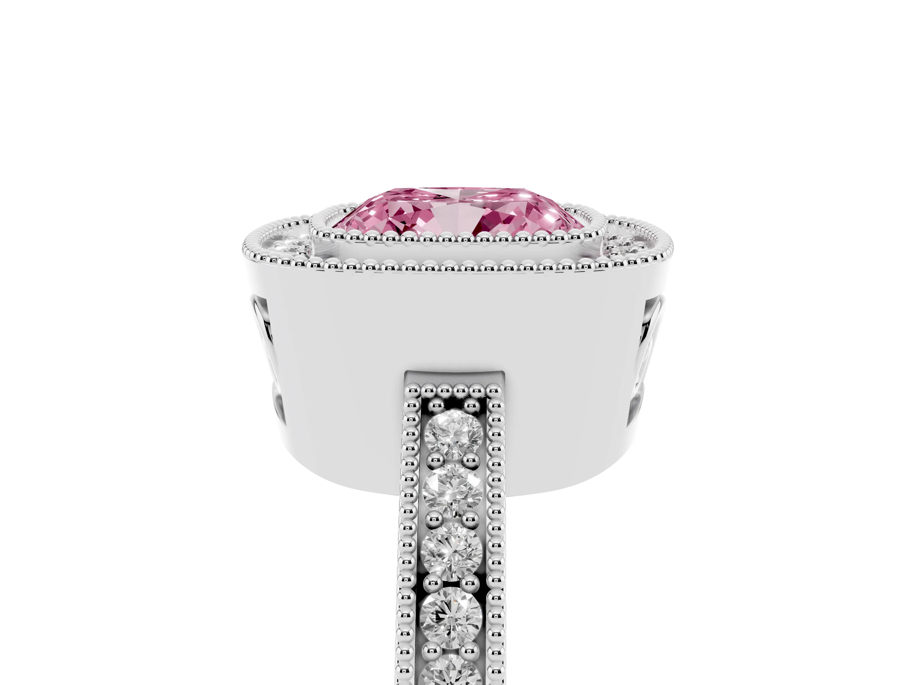 Fancy Pink Cushion Cut Diamond Round Halo Ring Set in White gold with Pavé Band
