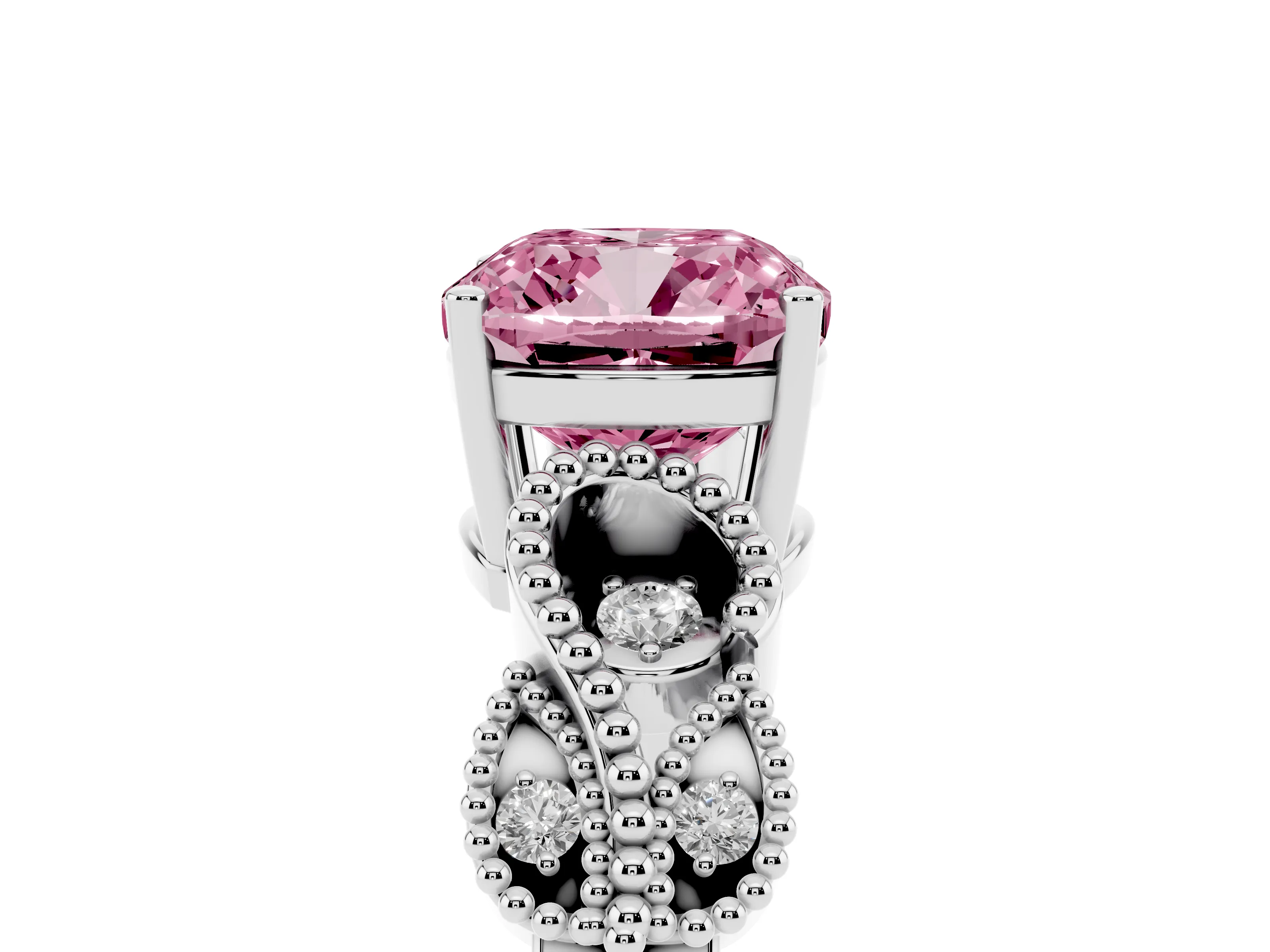 Fancy Pink Cushion Cut Diamond Milgrain Leaf Band Solitaire Ring Set in Platinum with Accent Stones and Prong Setting