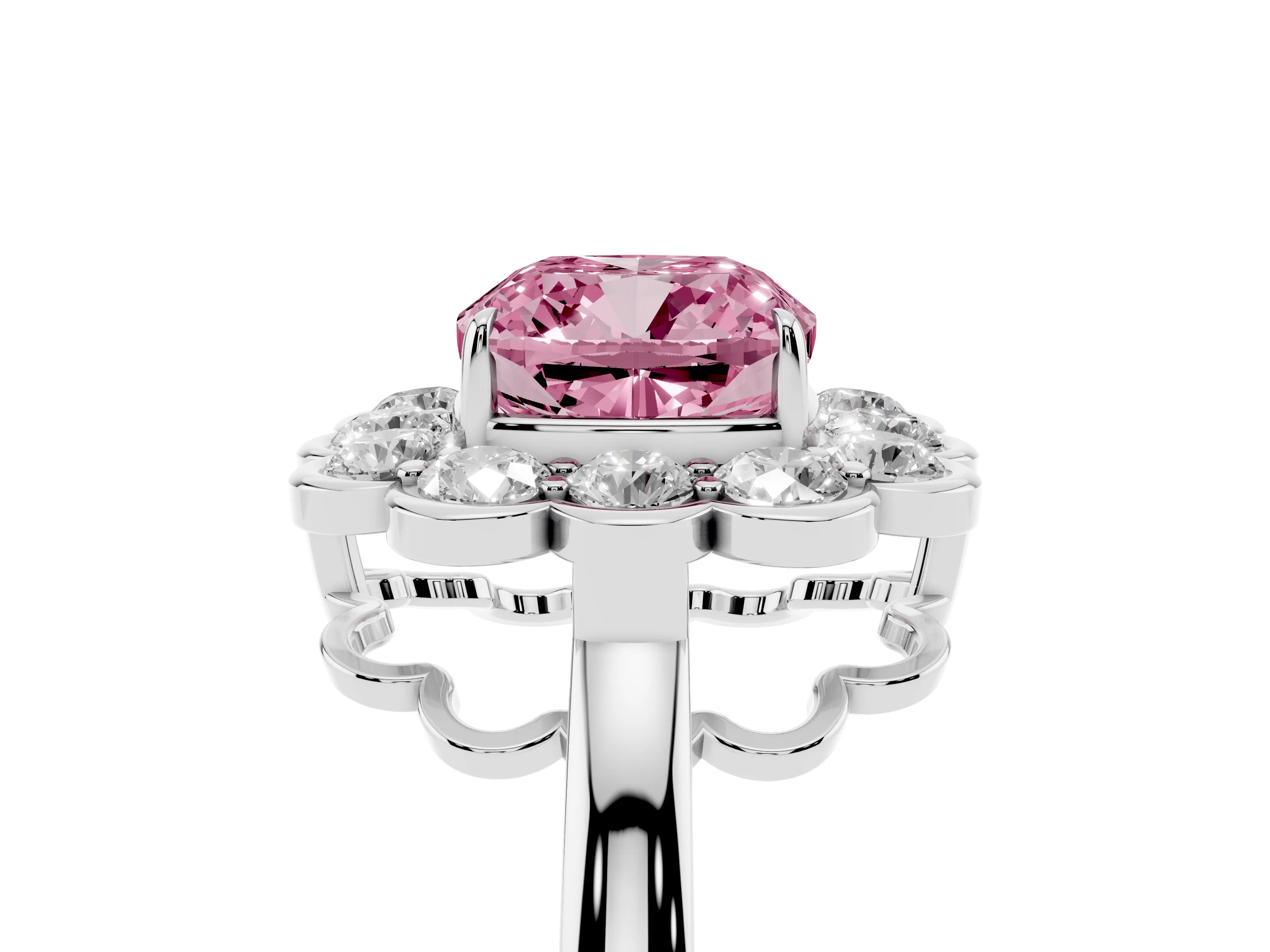 Fancy Pink Cushion Cut Diamond Halo Cluster Engagement Ring Set in Platinum with Solitaire Band and Prong Setting