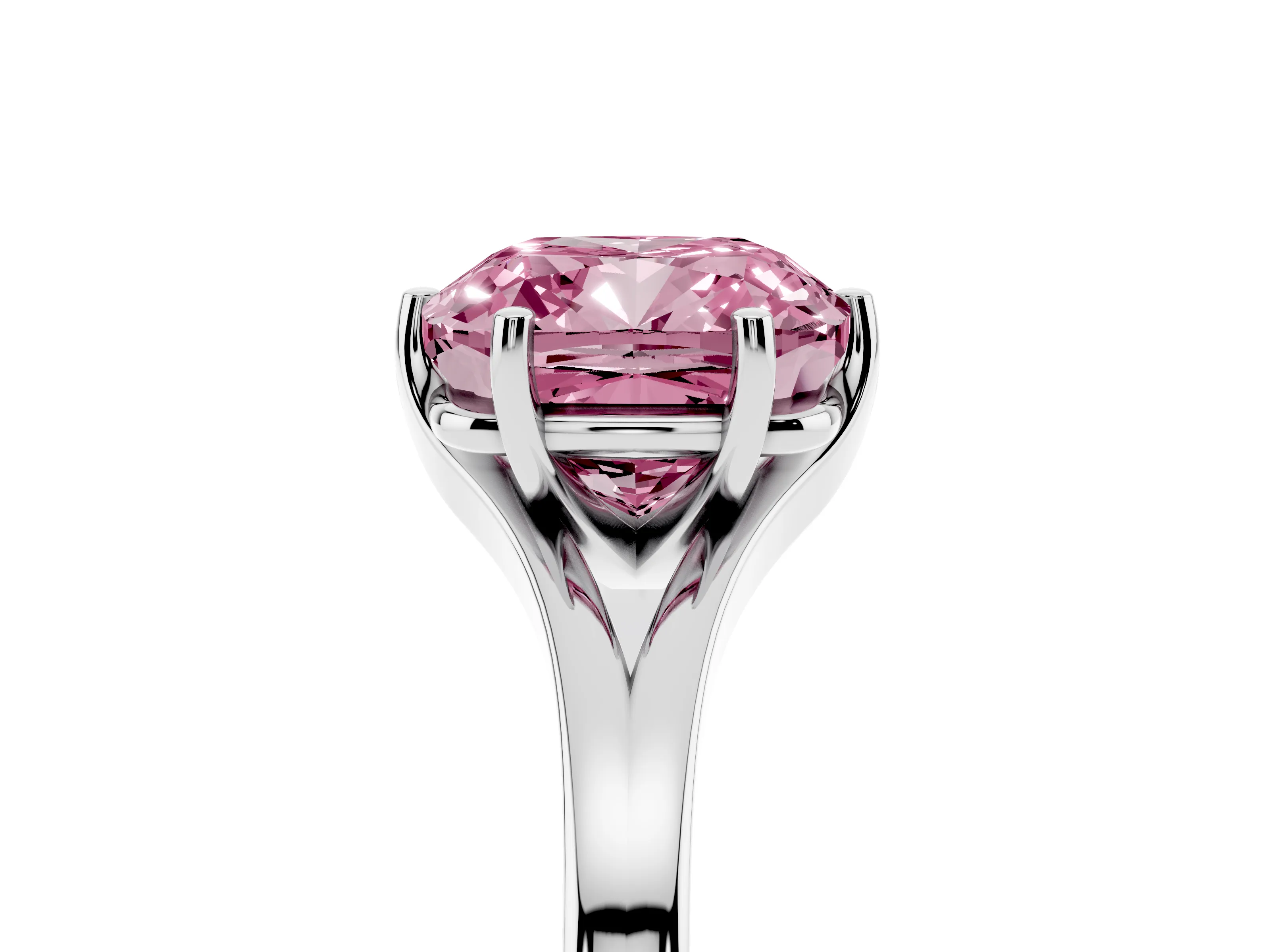 Fancy Pink Cushion Cut Diamond Solitaire Ring Set in Silver with Polished Tapered Band and Prong Setting