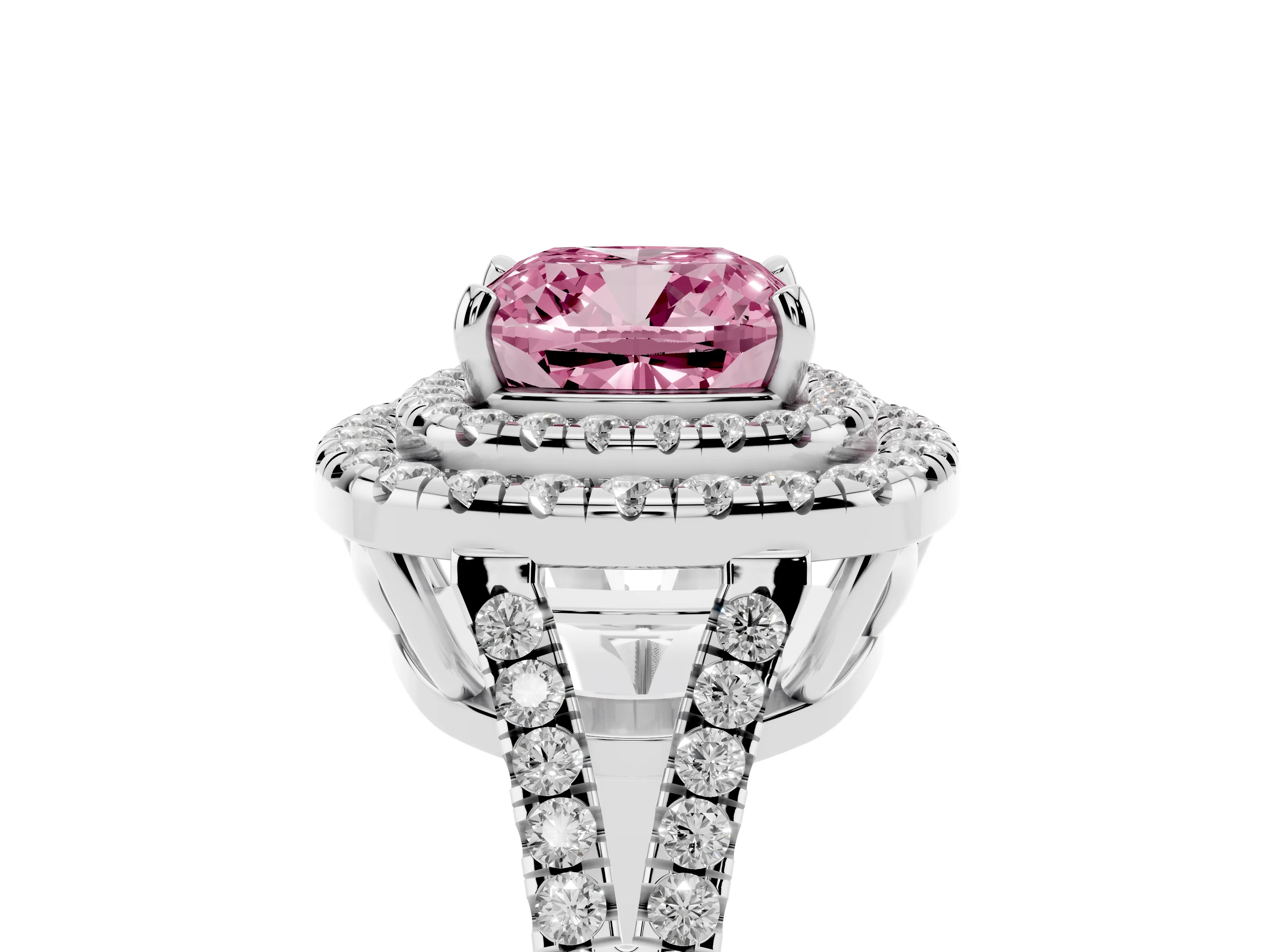 Fancy Pink Cushion Cut Diamond Double Halo Ring Set in Platinum with Pavé Band