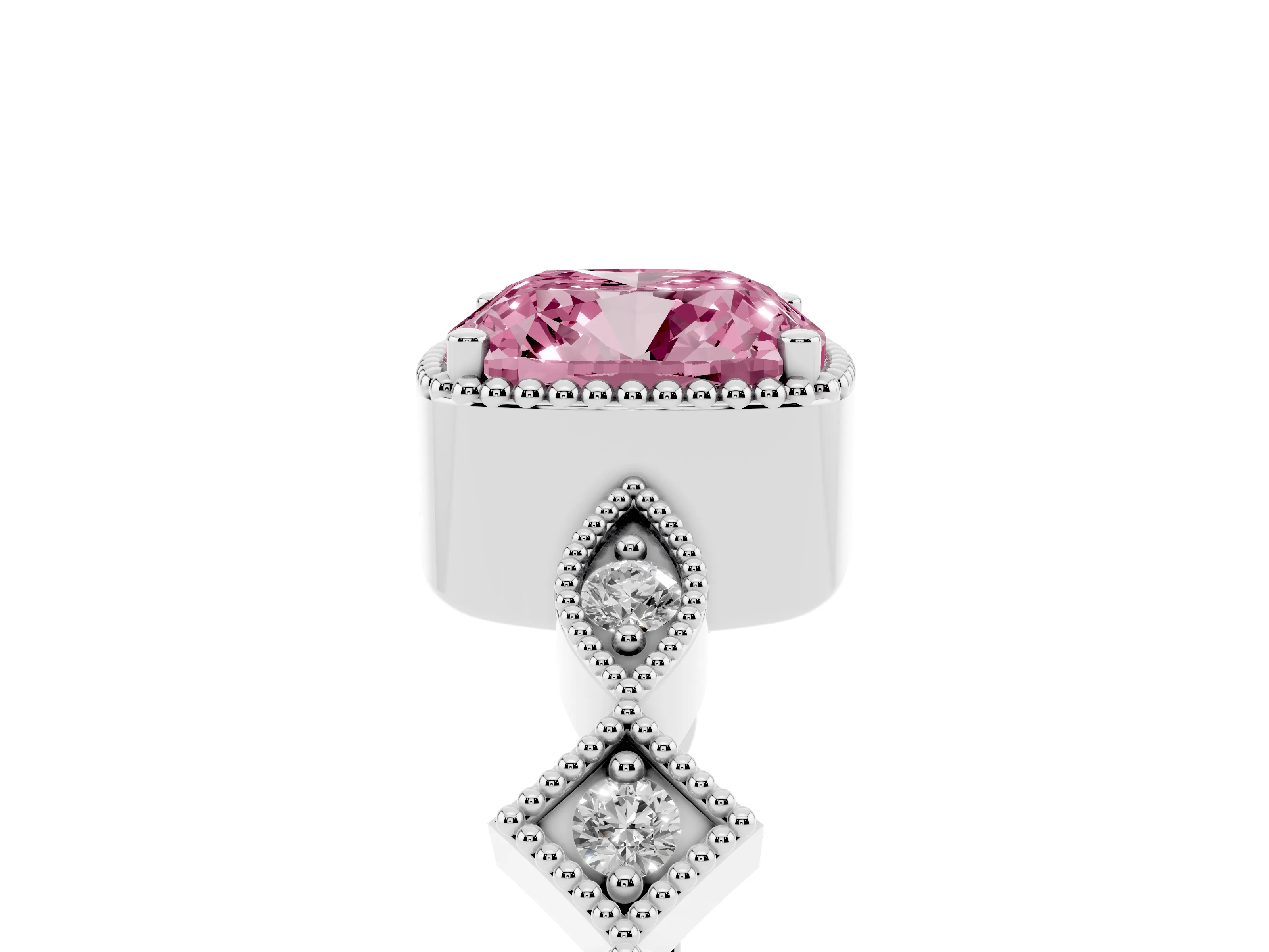 Fancy Pink Cushion Cut Diamond Milgrain Marquise Twist Band Ring Set in White gold with Prong Setting