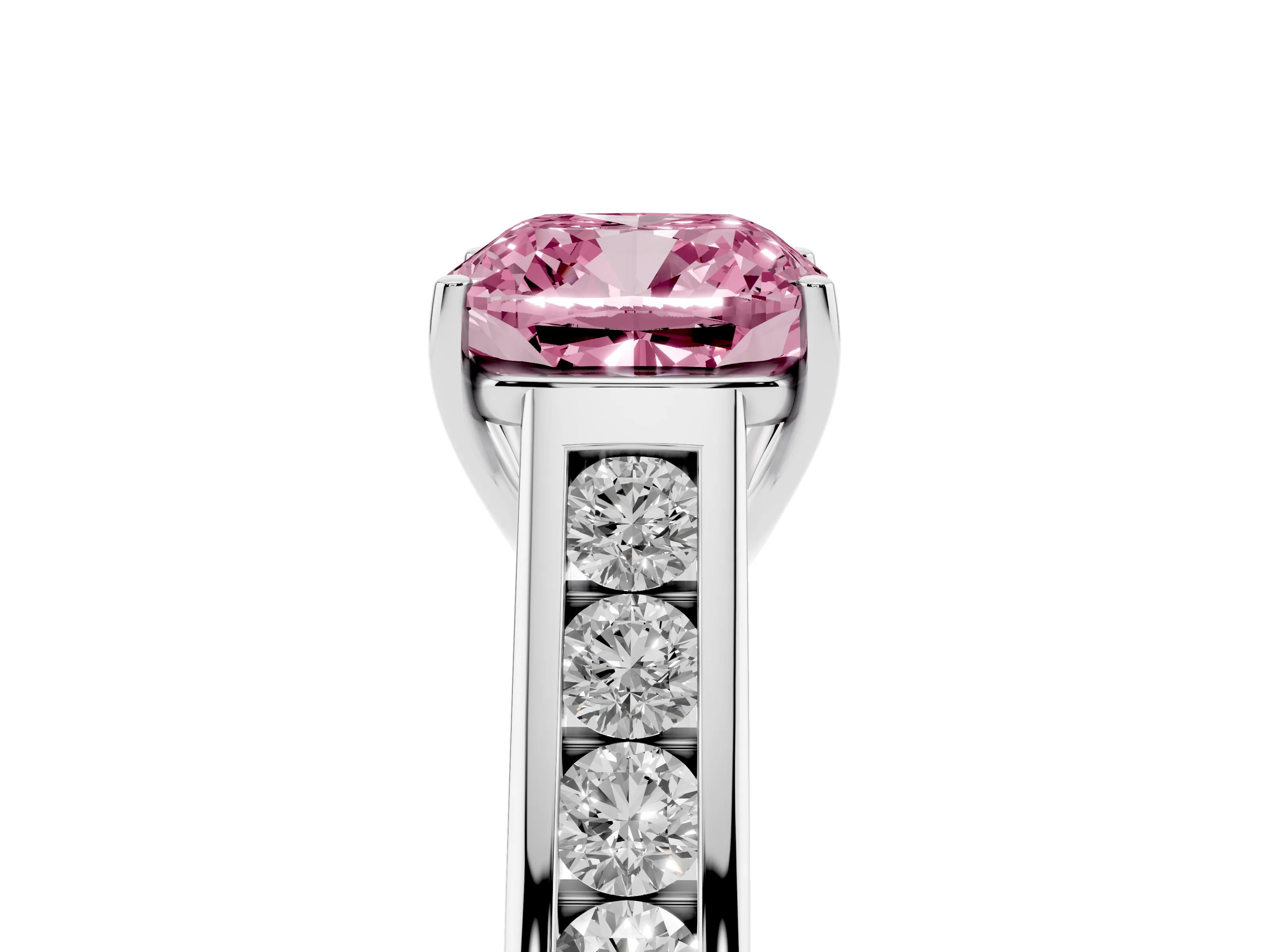 Fancy Pink Cushion Cut Diamond Brilliant Channel-Set Solitaire Ring Set in Platinum with Prong Setting