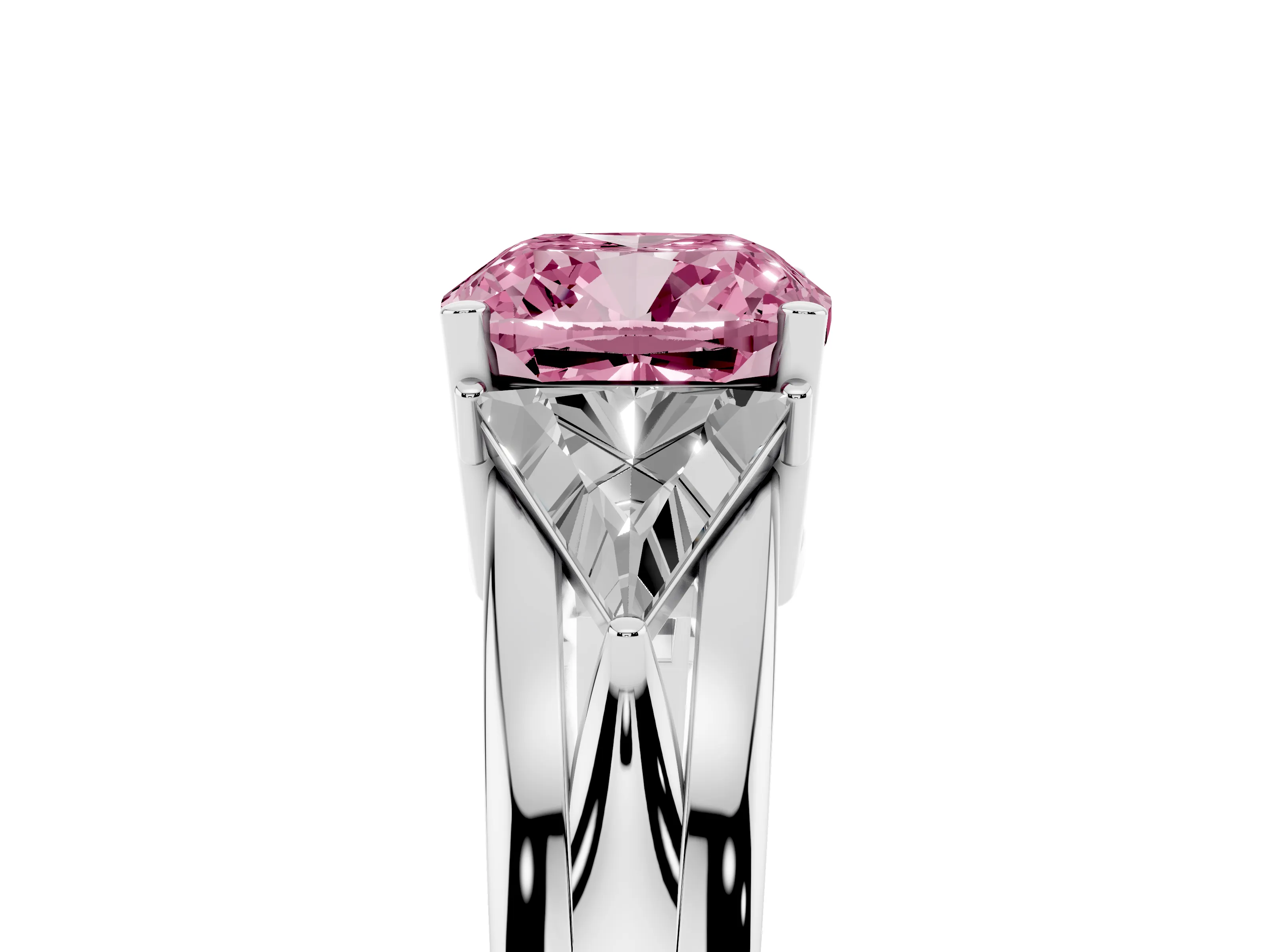 Fancy Pink Cushion Cut Diamond Three-Stone Ring Set in White gold with Trillion Side Stones and Split Shank