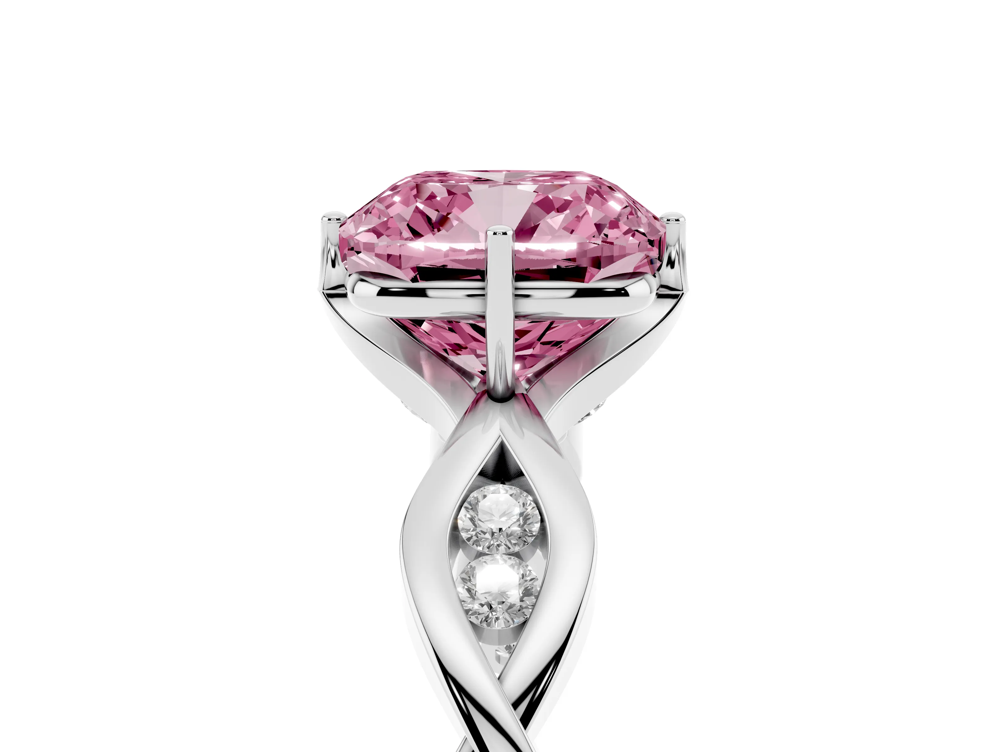 Fancy Pink Cushion Cut Diamond Twist Band Solitaire Ring Set in Platinum with Leaf Prong Setting and Accent Stones