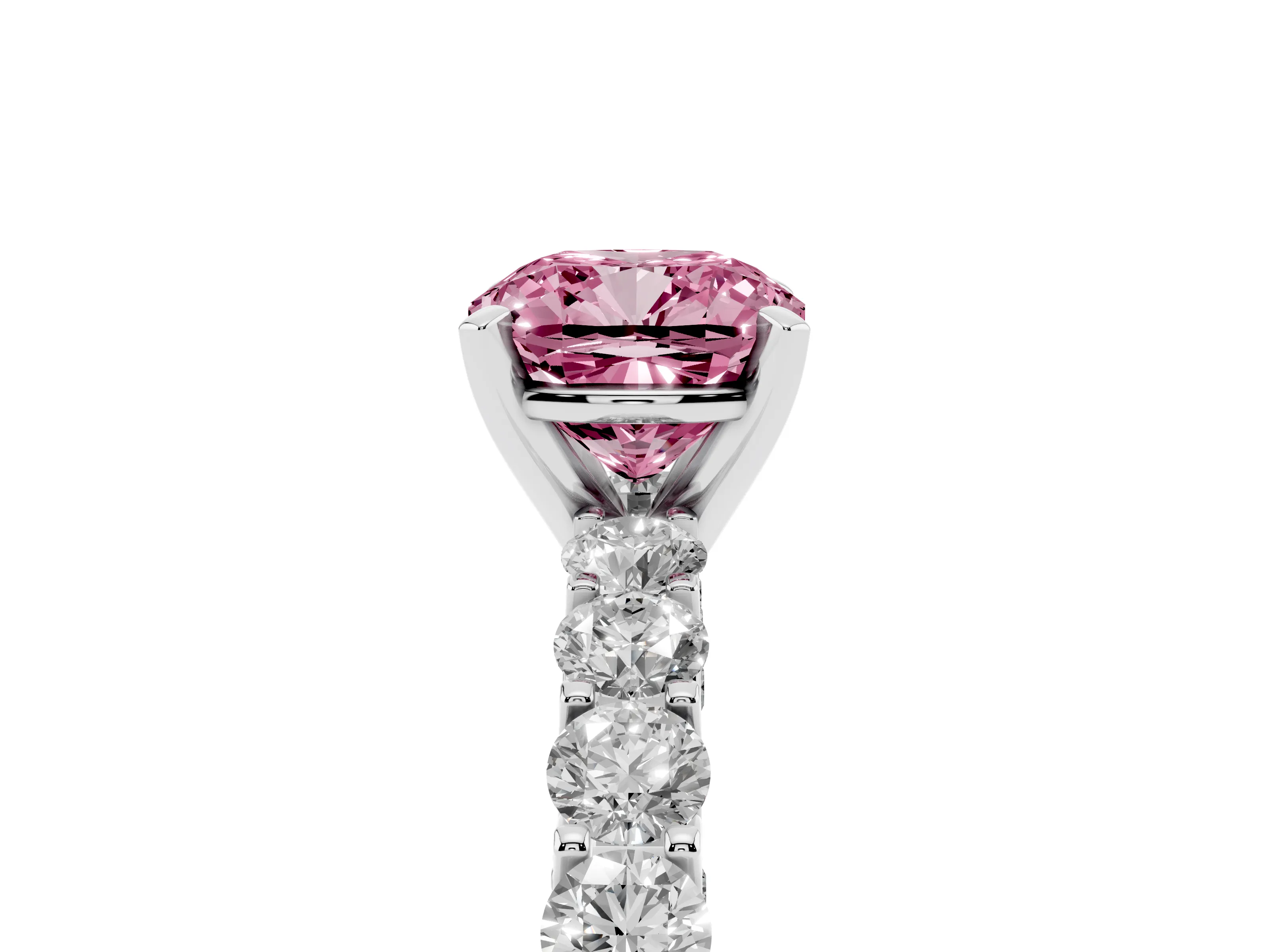 Fancy Pink Cushion Cut Diamond Solitaire Ring Set in Silver with Shared Prong Pavé Band