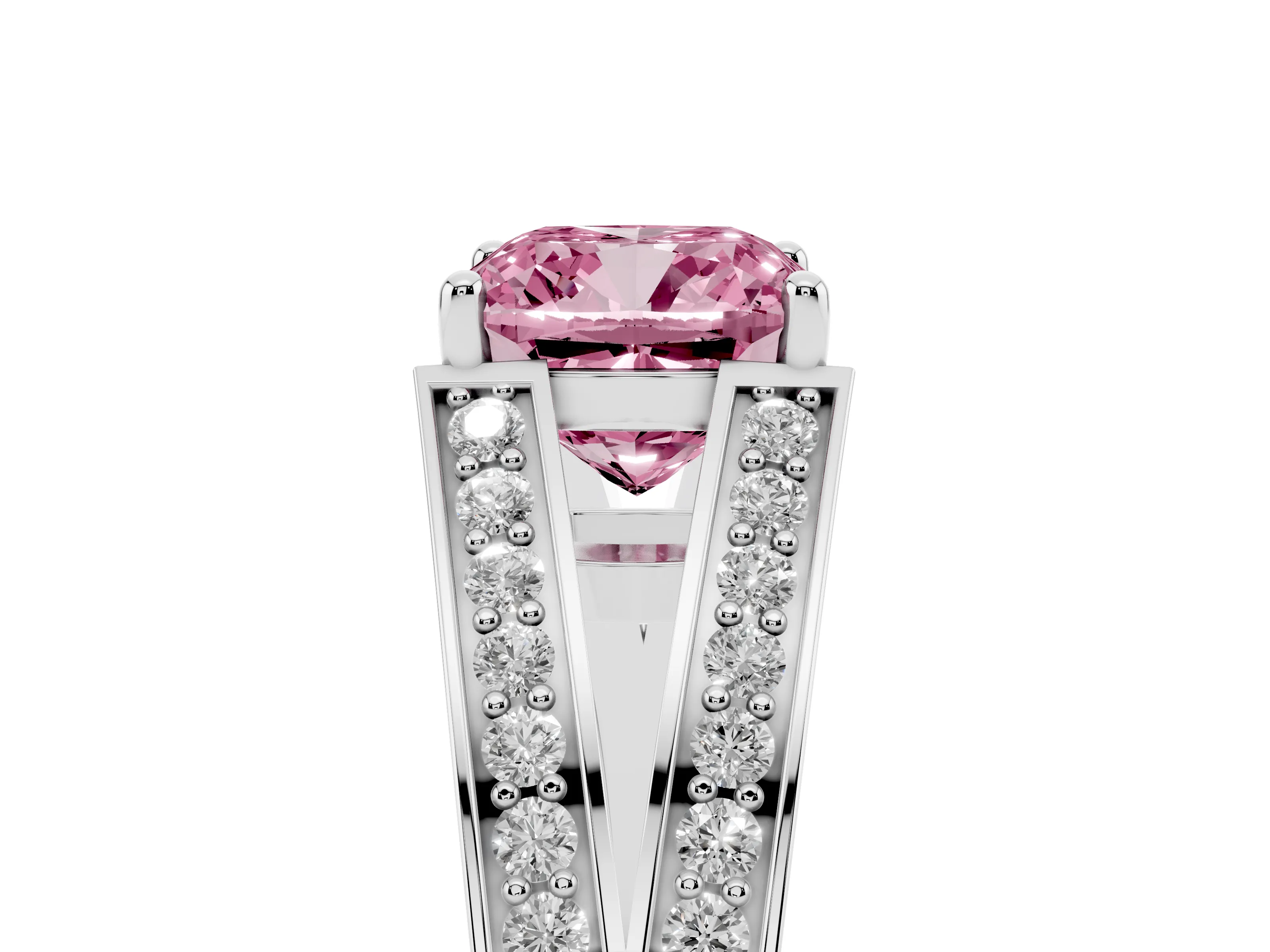 Fancy Pink Cushion Cut Diamond Split Shank Ring Set in Platinum with Pavé Band and Prong Setting