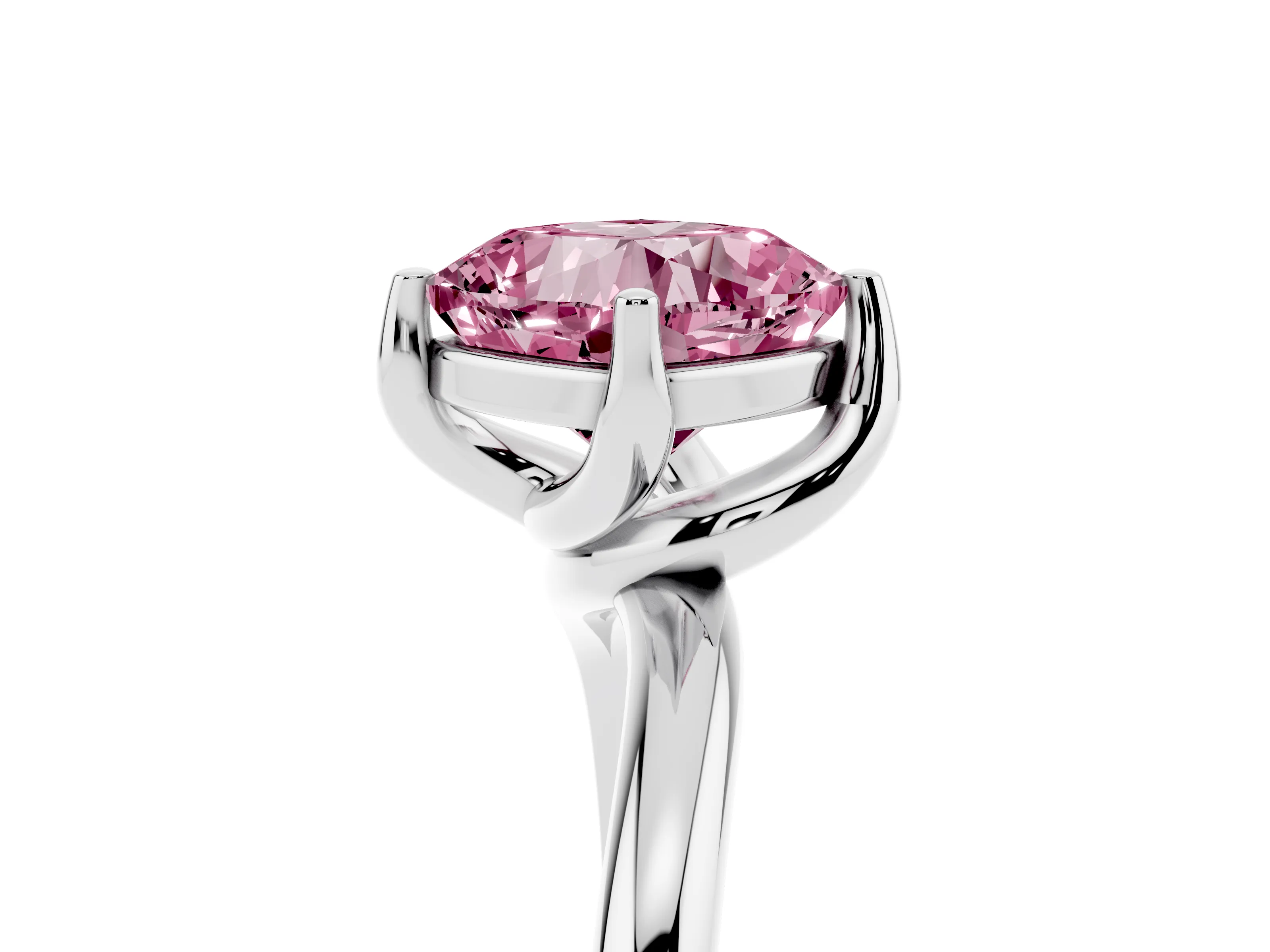 Fancy Pink Cushion Cut Diamond Solitaire Engagement Ring Set in Platinum with Classic Plain Band