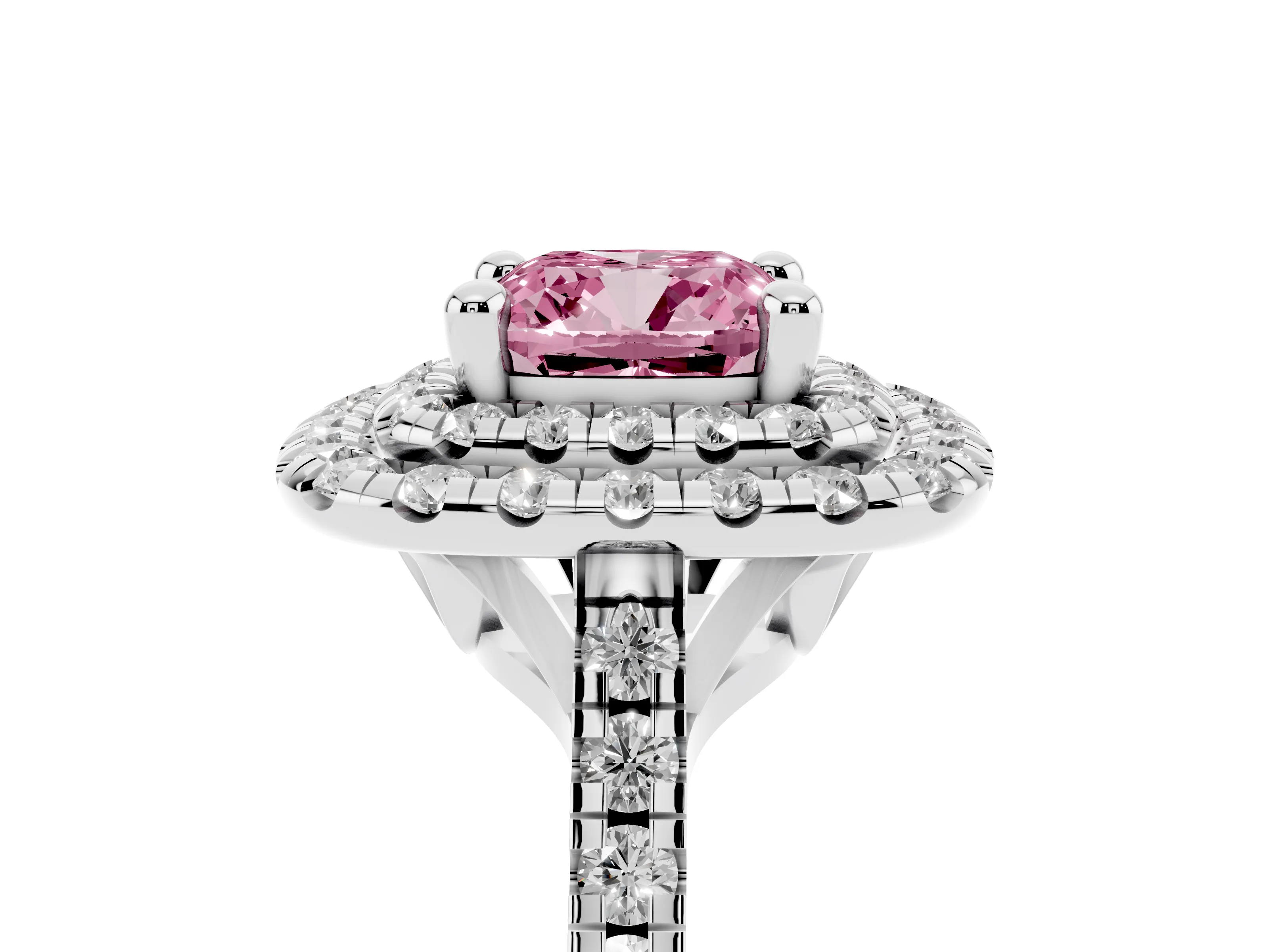 Fancy Pink Cushion Cut Diamond Double Halo Statement Ring Set in Platinum with Pavé Band