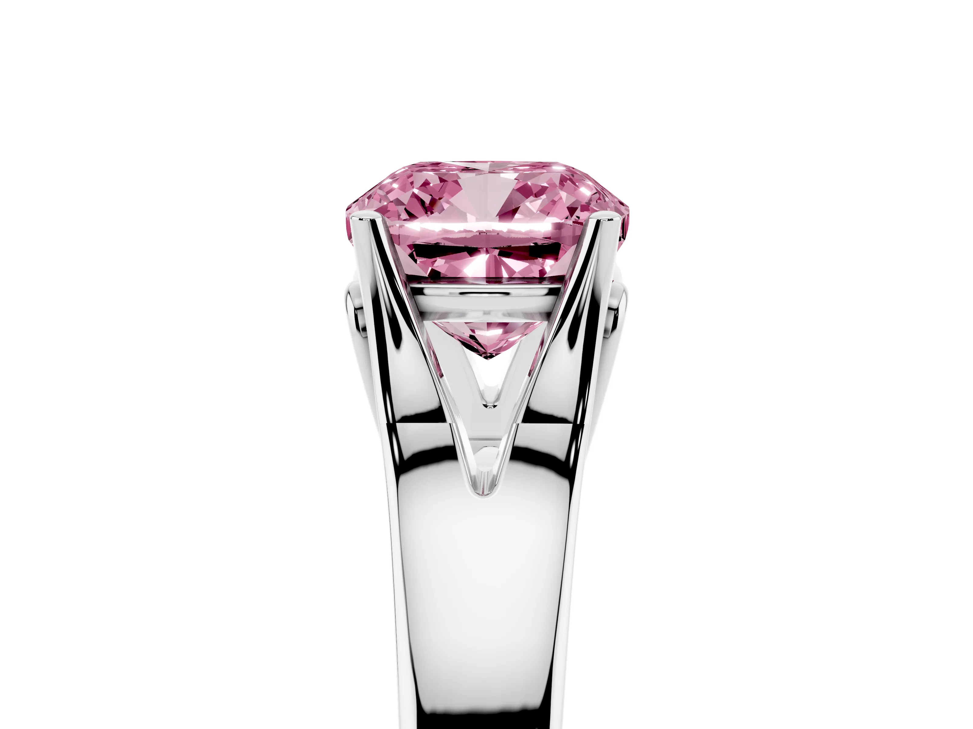 Fancy Pink Cushion Cut Diamond Solitaire Ring Set in White gold with Arched Cathedral Band and Prong Setting