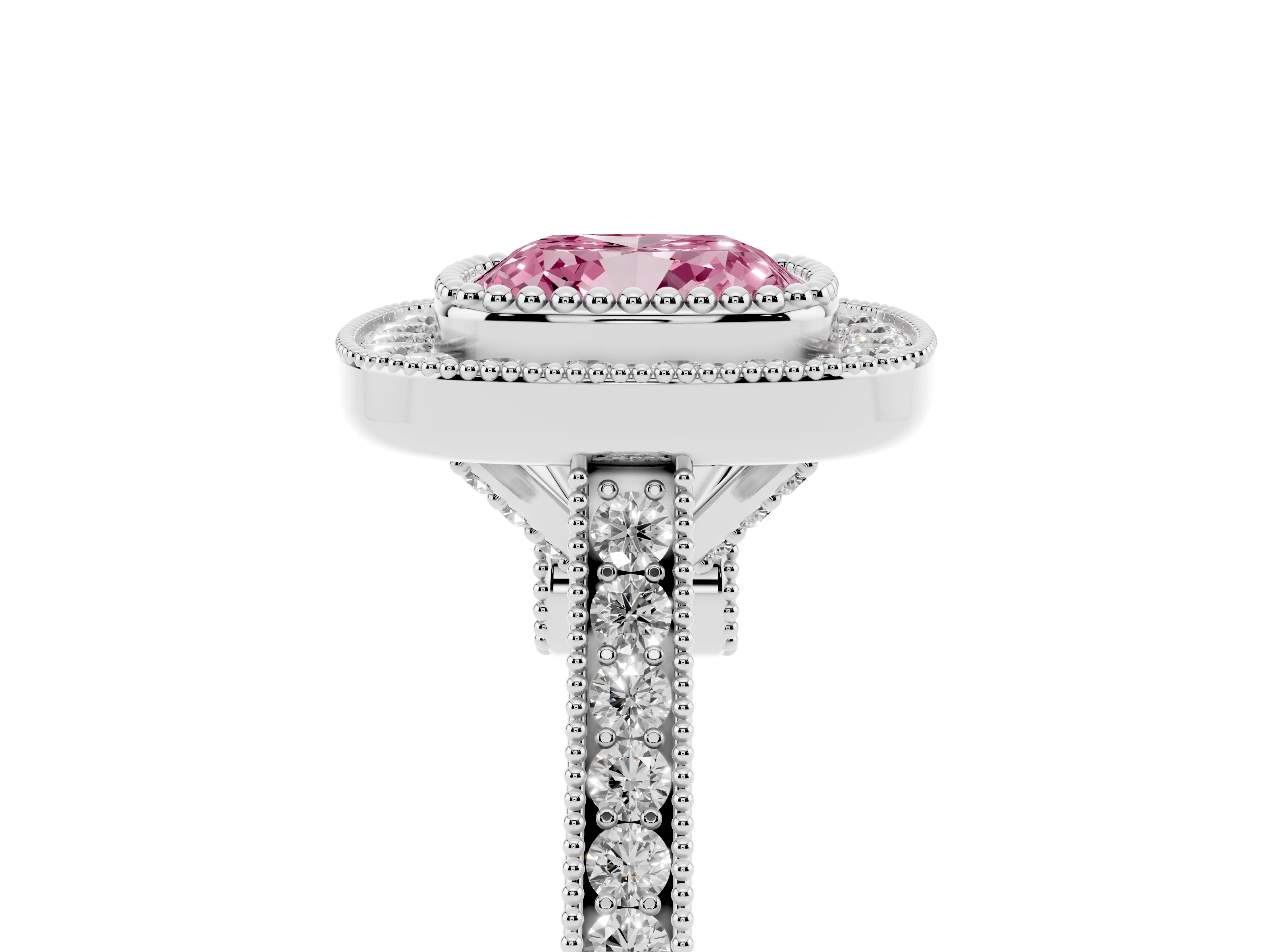 Fancy Pink Cushion Cut Diamond Halo Ring Set in White gold with Milgrain Frame and Pavé Band