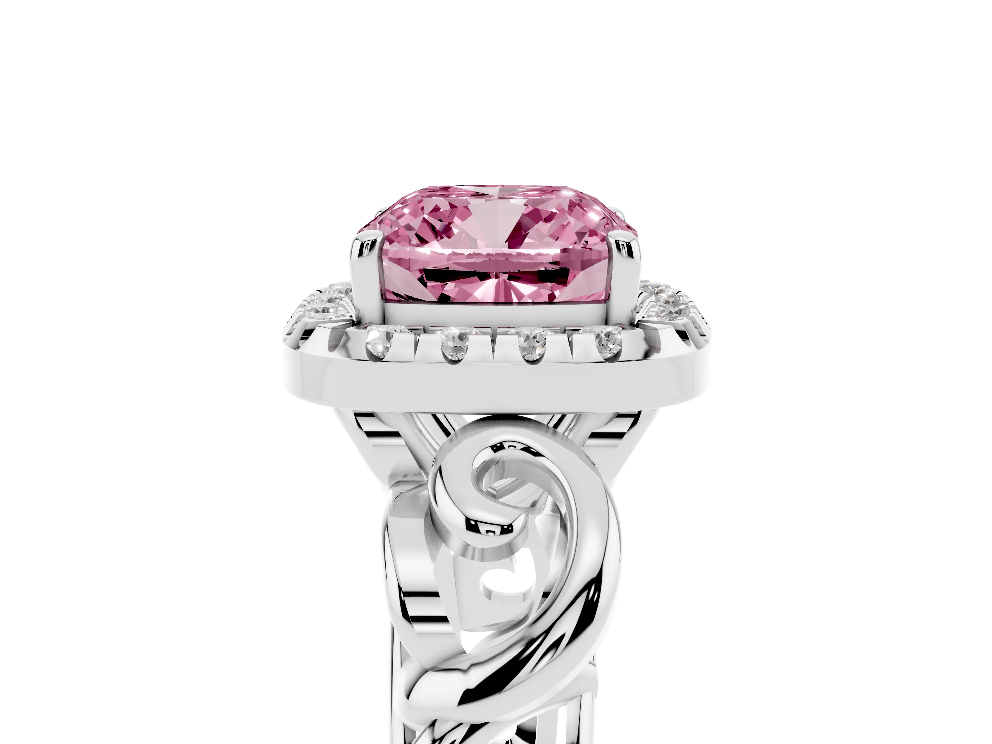 Fancy Pink Cushion Cut Diamond Halo Ring Set in Platinum with Scrollwork Band and Prong Setting