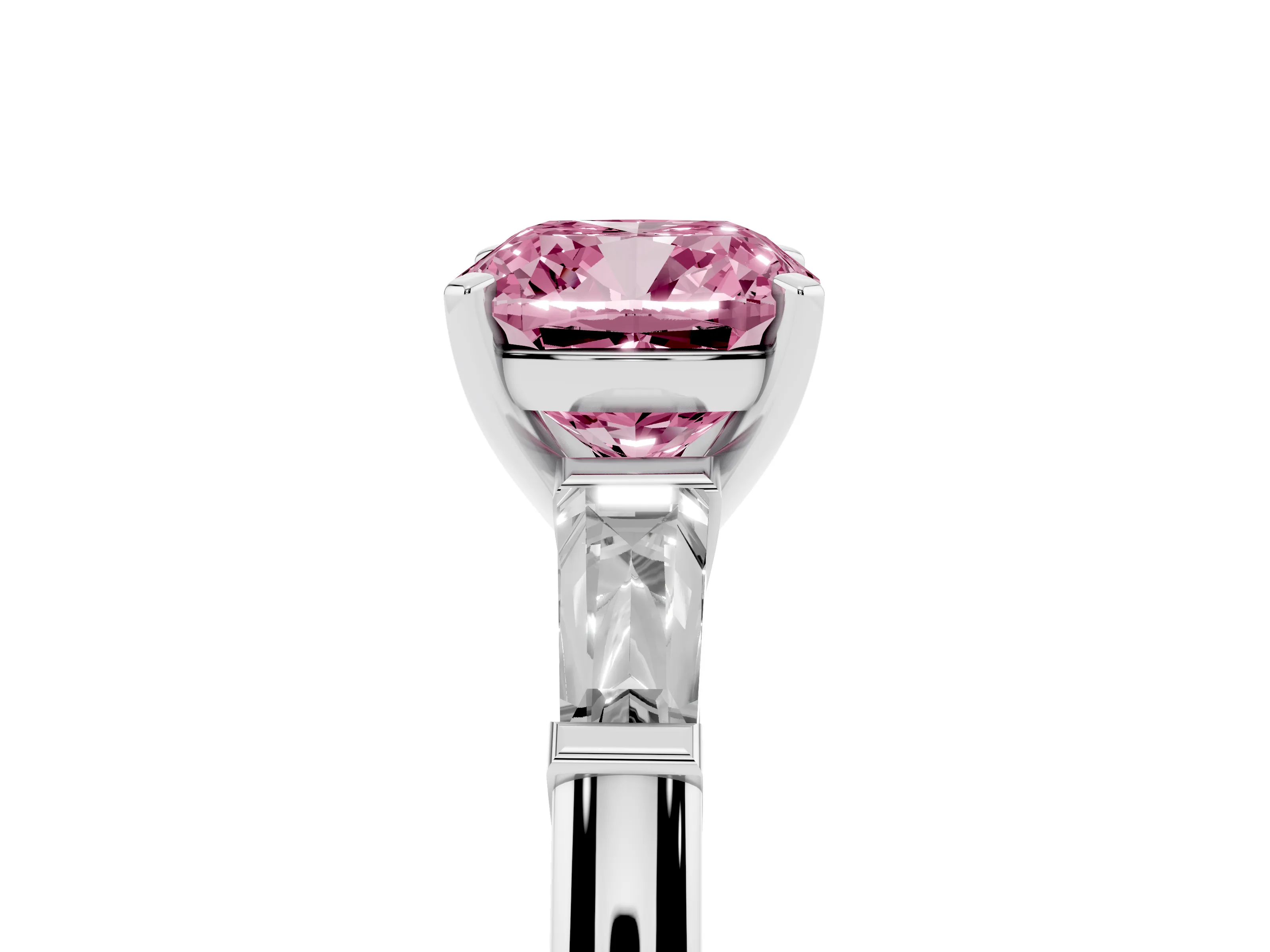 Fancy Pink Cushion Cut Diamond Solitaire Ring Set in Platinum with Tapered Baguette Side Stones and Prong Setting