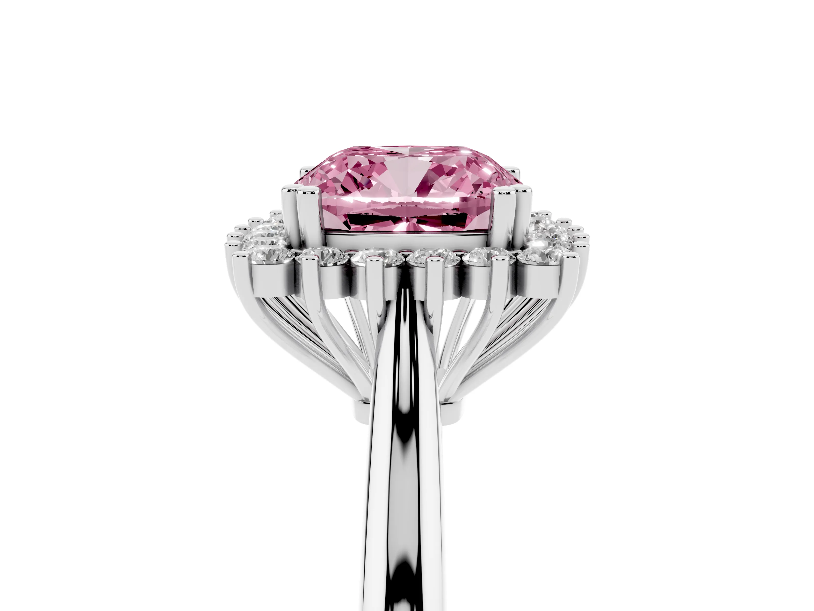 Fancy Pink Cushion Cut Diamond Halo Ring Set in White gold with Plain Solitaire Band and Prong Setting