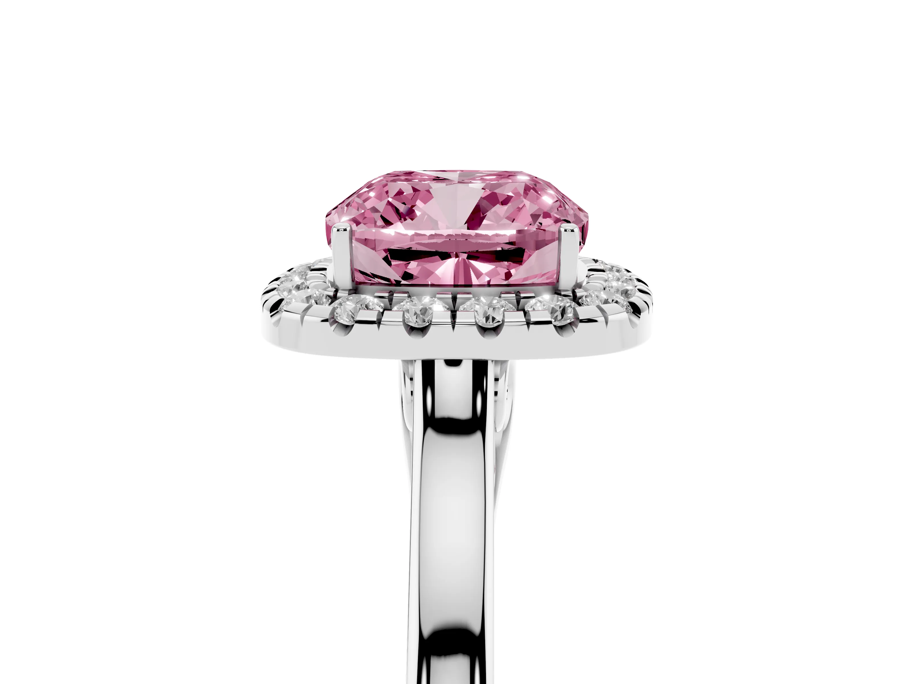 Fancy Pink Cushion Cut Halo Round Diamond Solitaire Ring Set in White gold with Pavé Band and Prong Setting