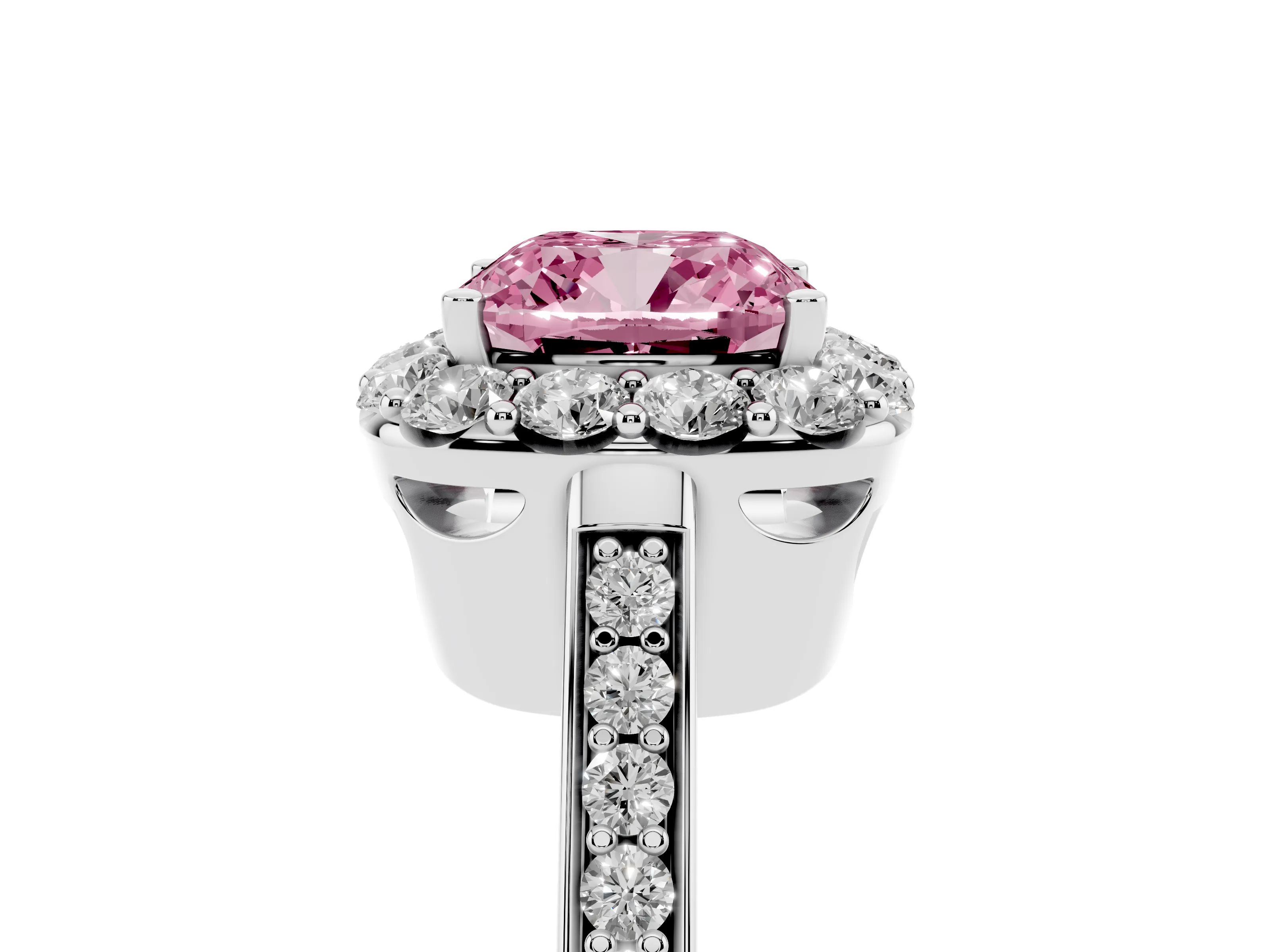 Fancy Pink Cushion Cut Diamond Floral Halo Ring Set in White gold with Pavé Band and Prong Setting