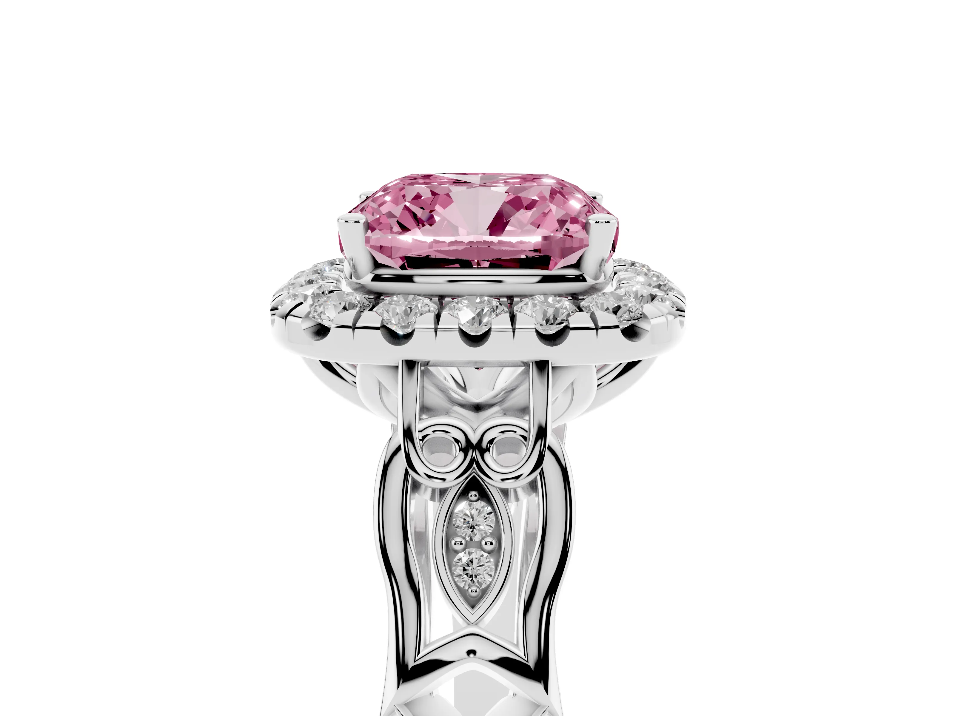 Fancy Pink Cushion Cut Diamond Halo Engagement Ring Set in Platinum with Filigree Band and Prong-Set Center