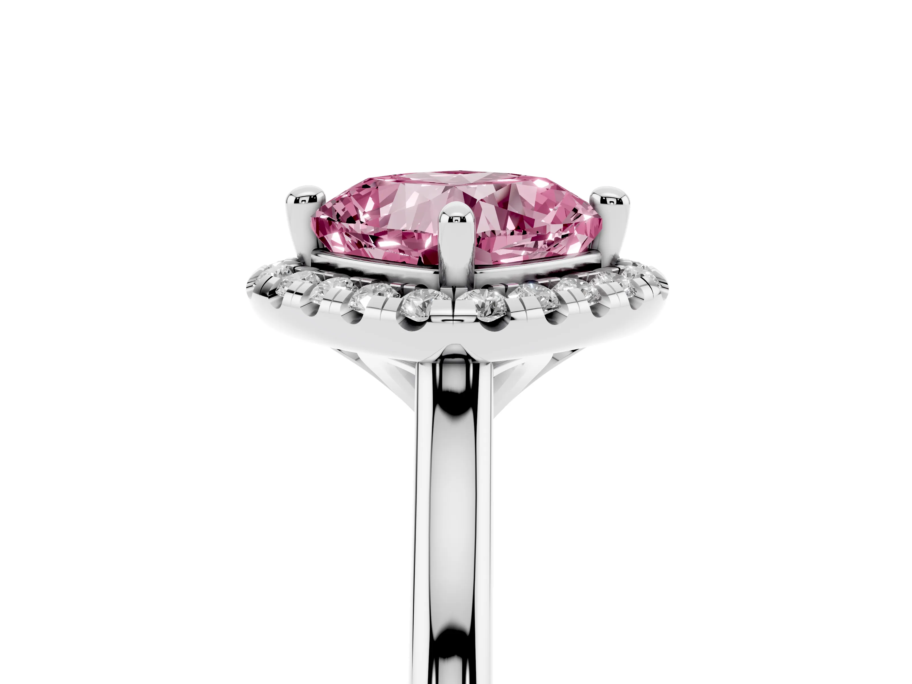 Fancy Pink Cushion Cut Diamond Halo Engagement Ring Set in Platinum with Pavé Band and Rising Shoulders