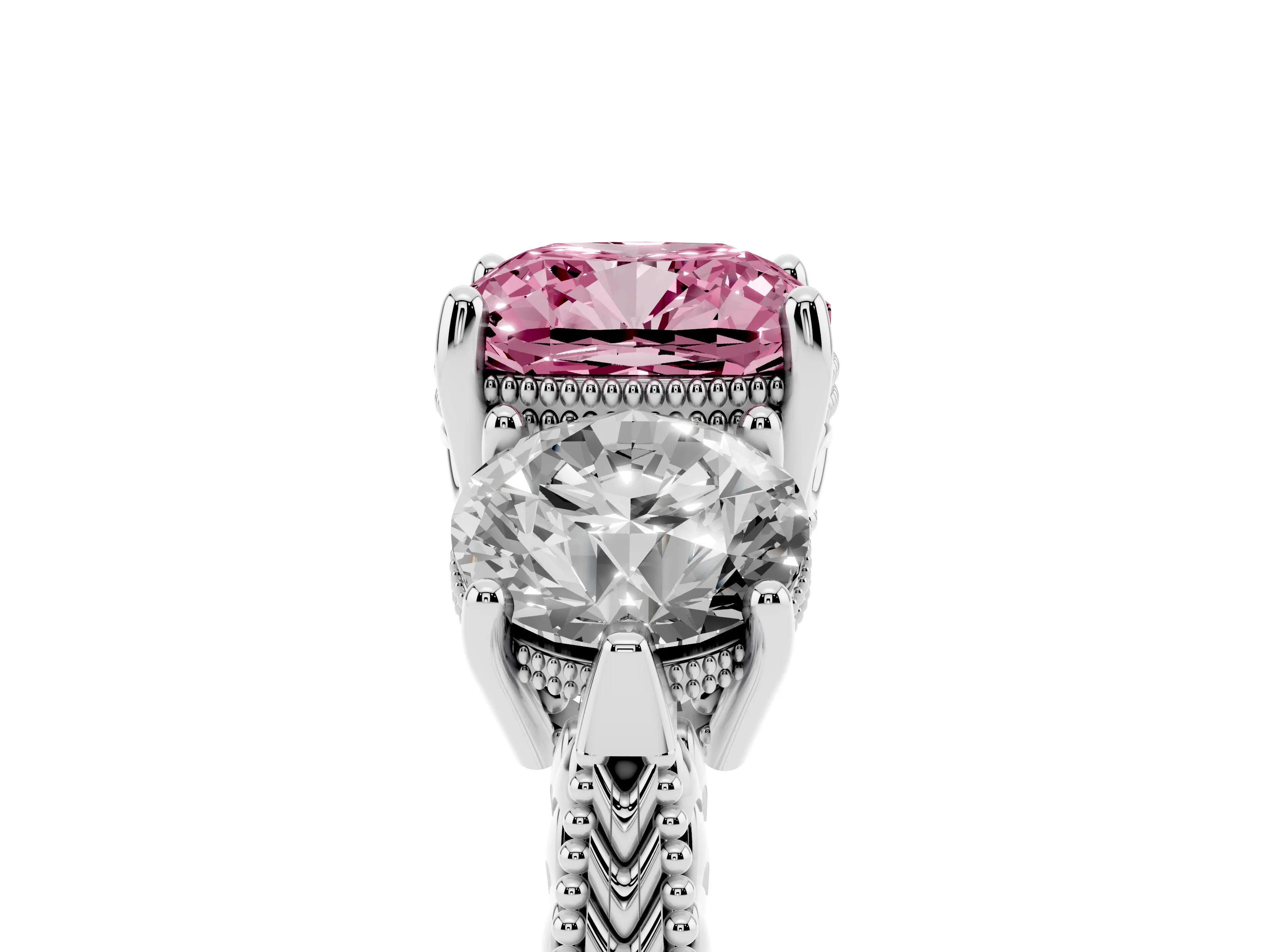 Fancy Pink Cushion Cut Diamond Three-Stone Ring Set in Silver with Milgrain Band