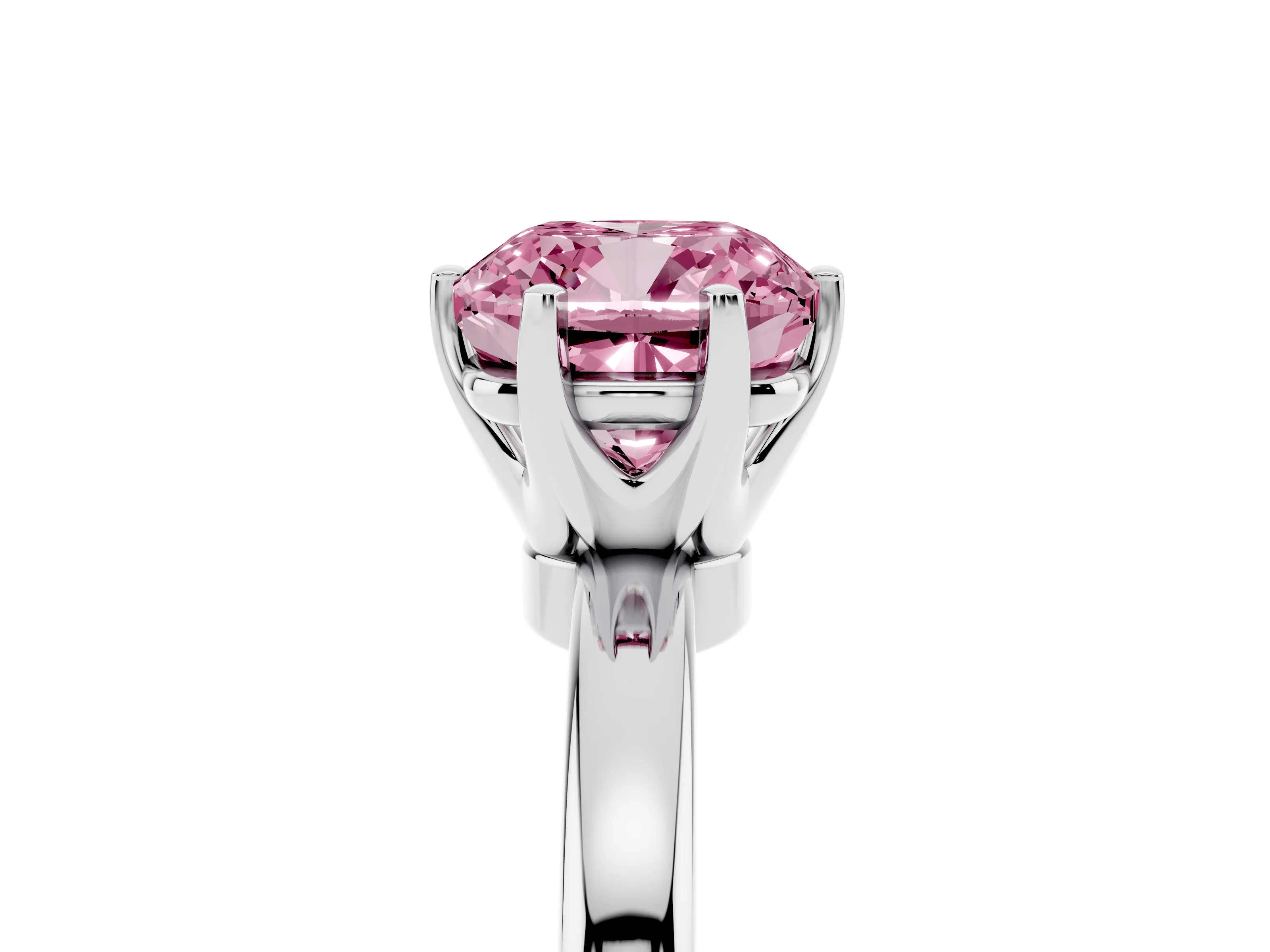 Fancy Pink Cushion Cut Diamond Solitaire Ring Set in Silver with Raised Prong Setting on a Classic Band