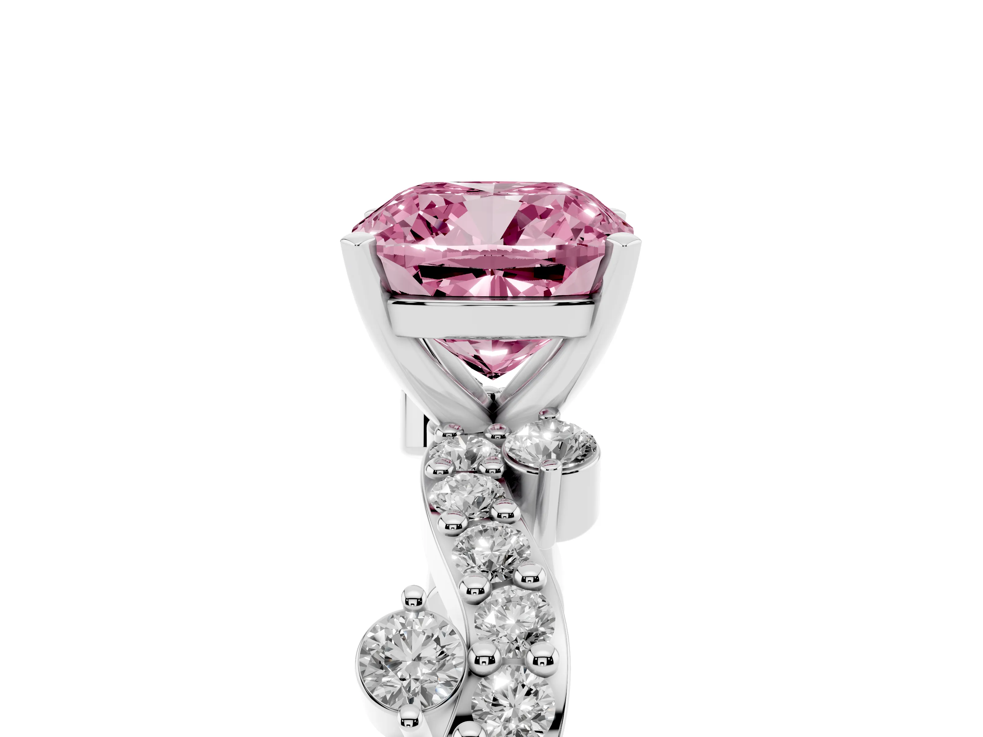 Fancy Pink Cushion Cut Diamond Solitaire Twisted Band Set in White gold with Pavé Setting