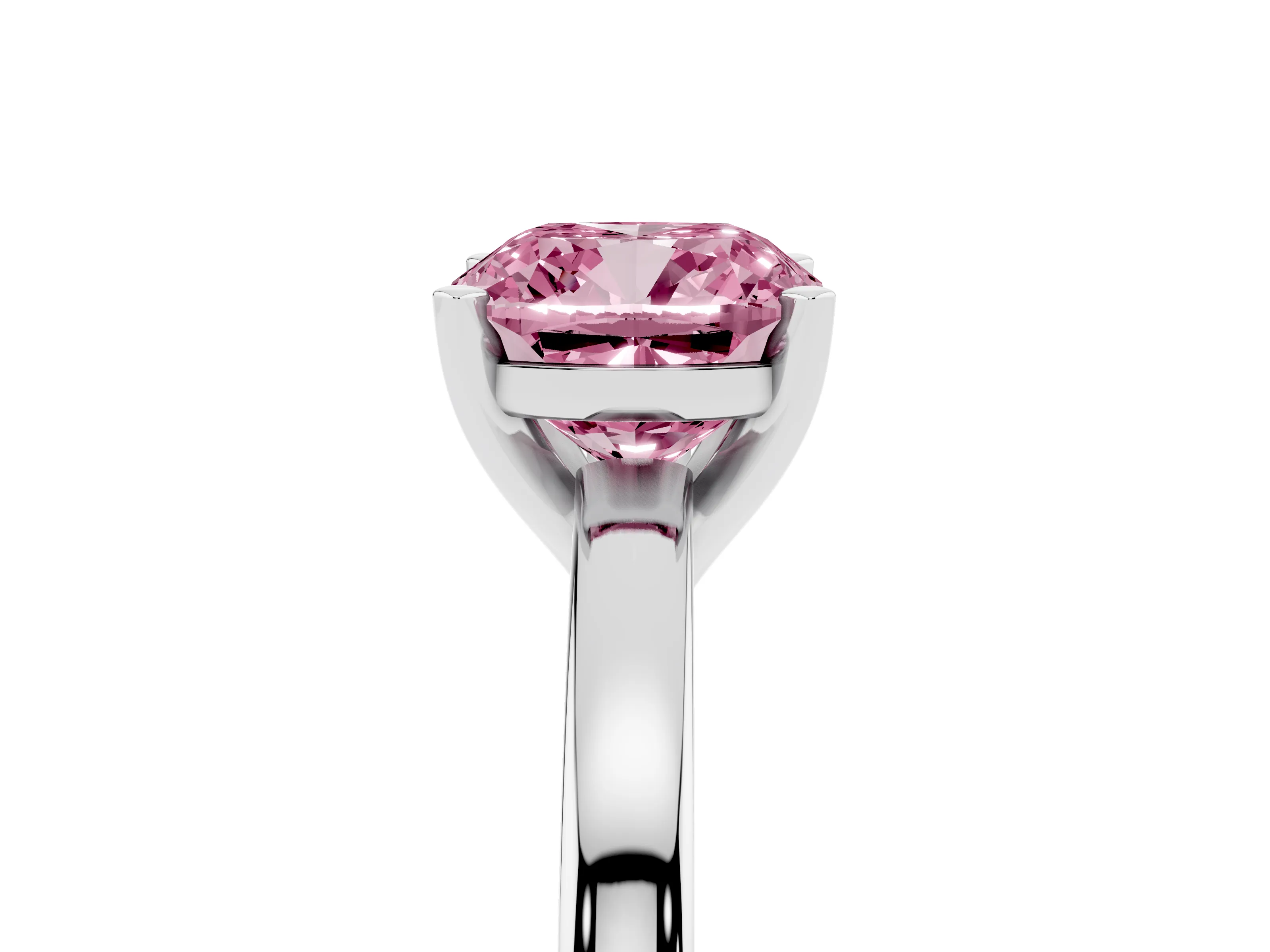 Fancy Pink Cushion Cut Diamond Solitaire Engagement Ring Set in Platinum with Prong Setting on a Classic Band