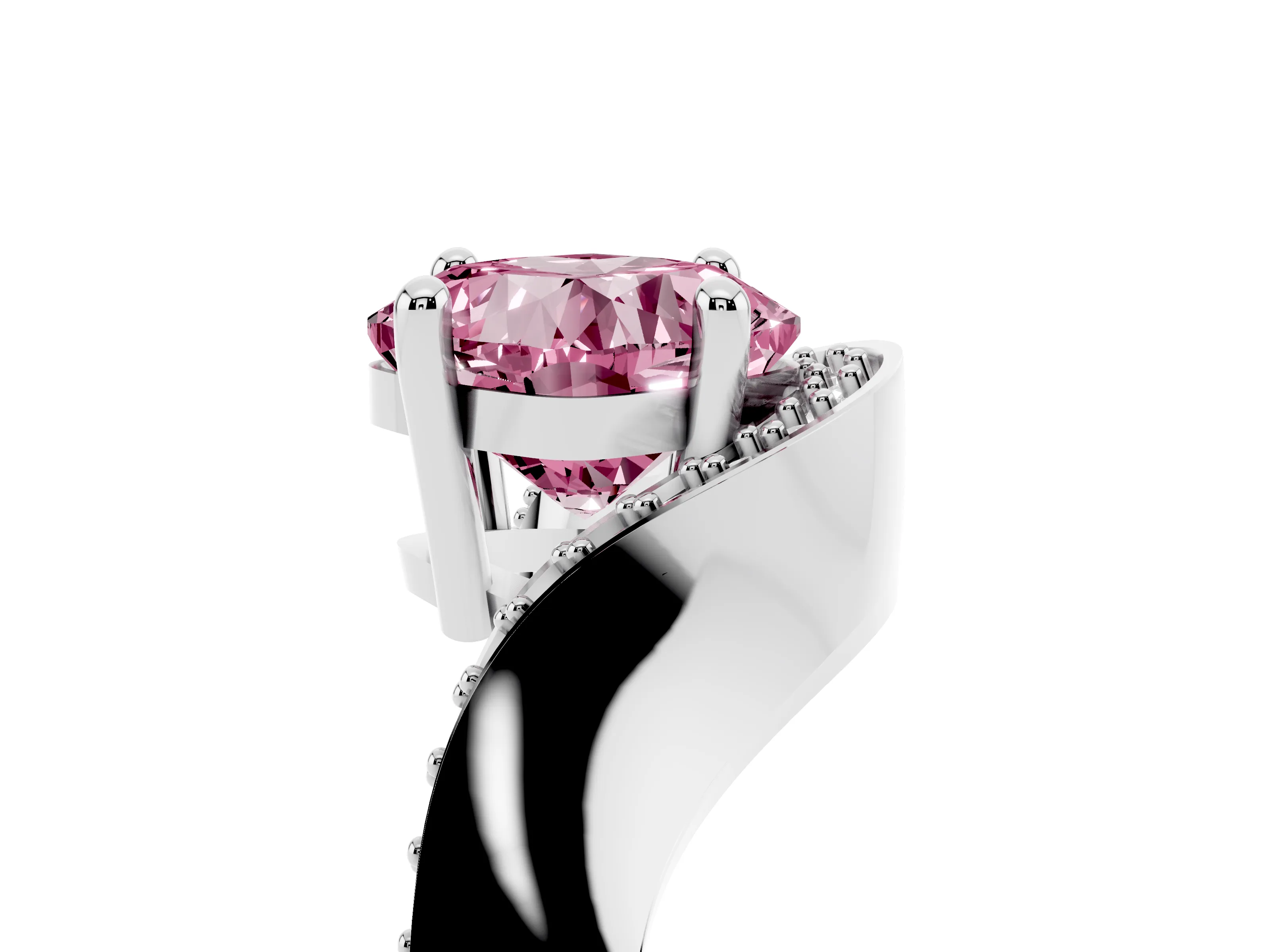 Fancy Pink Cushion Cut Diamond Solitaire Engagement Ring Set in White gold with Pavé Shoulders