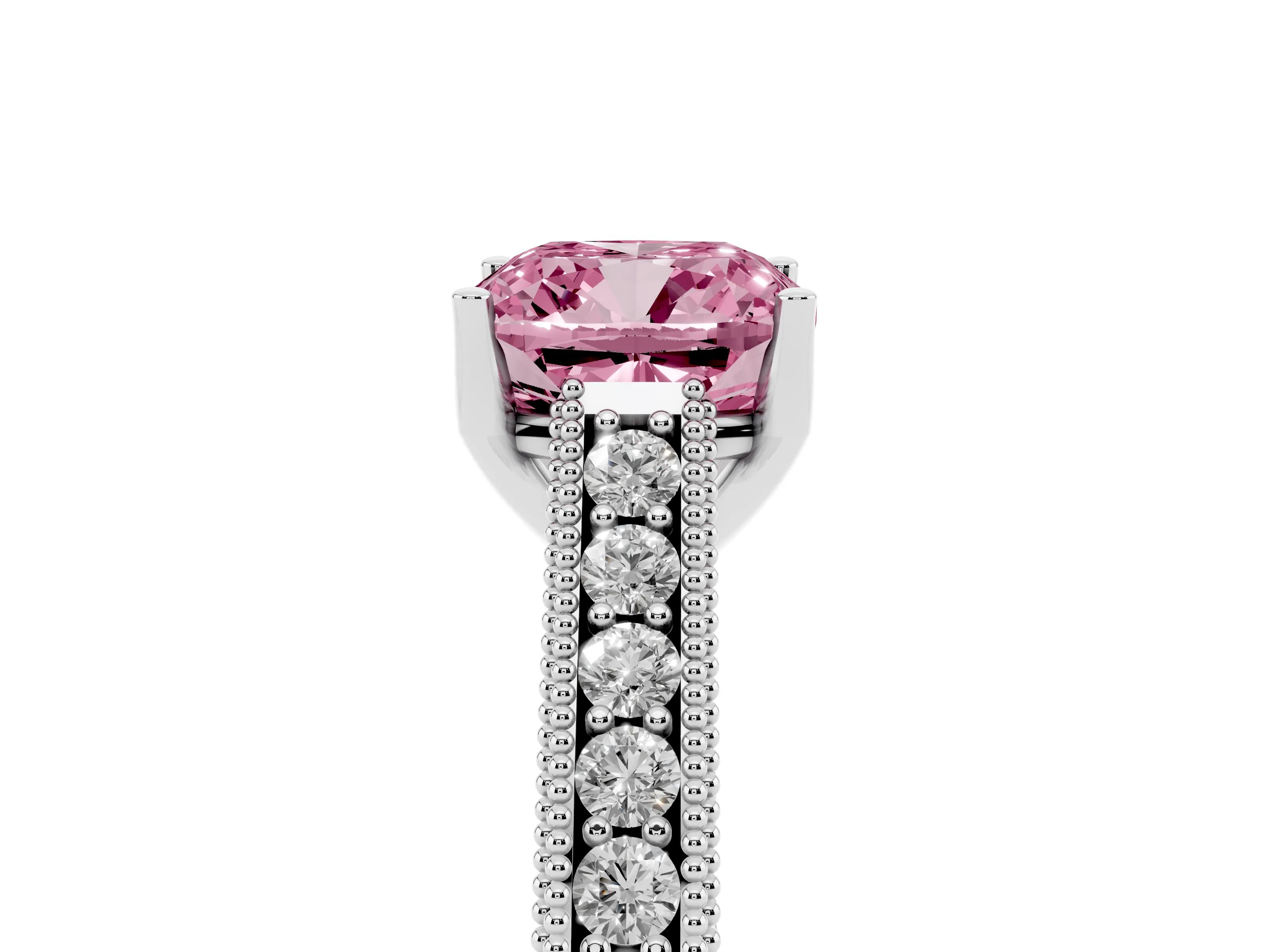 Fancy Pink Cushion Cut Diamond Milgrain Pavé Band Solitaire Ring Set in White gold with Prong Setting