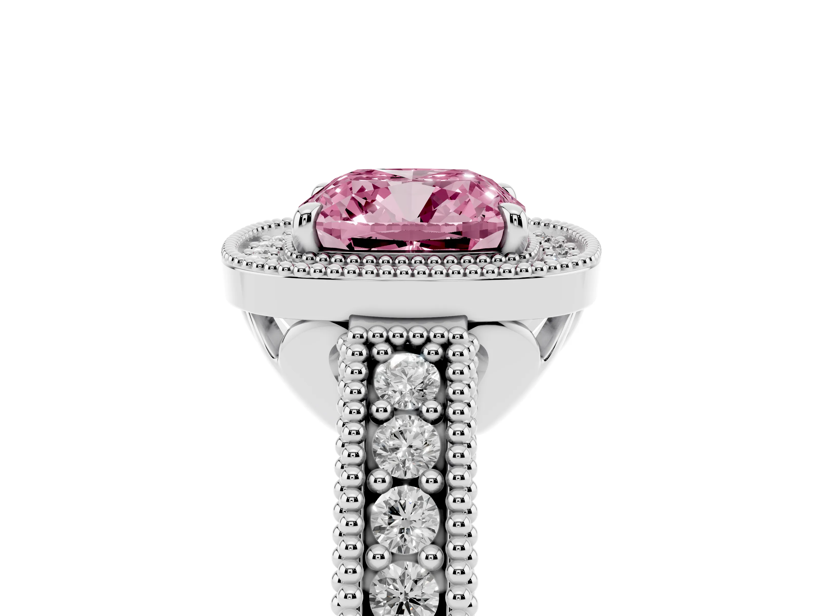 Fancy Pink Cushion Cut Diamond Halo Ring Set in Platinum with Round Accent Halo, Pavé Band and Prong Setting