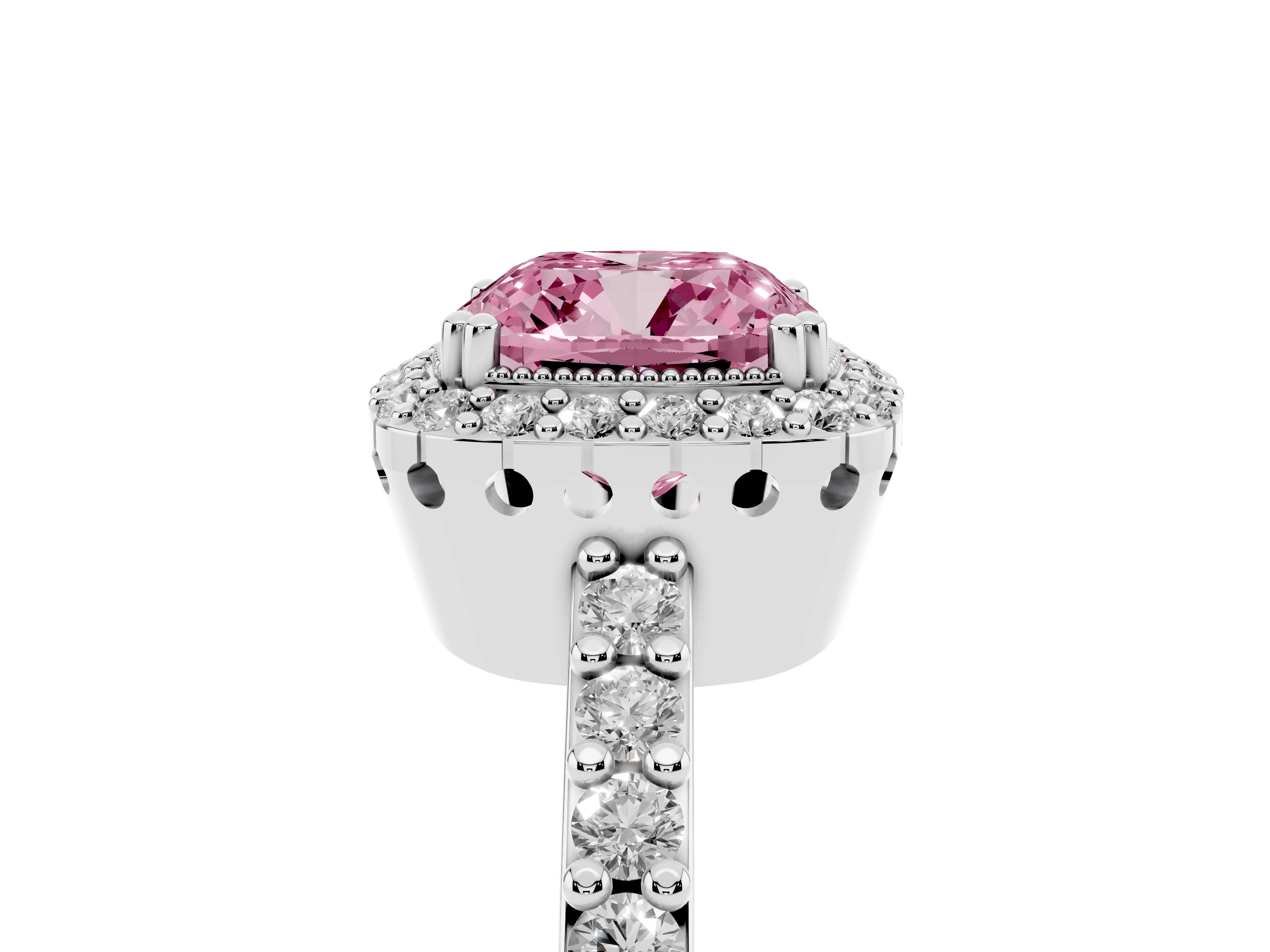 Fancy Pink Cushion Cut Diamond Halo Engagement Ring Set in Platinum with Milgrain Detail and Pavé Band
