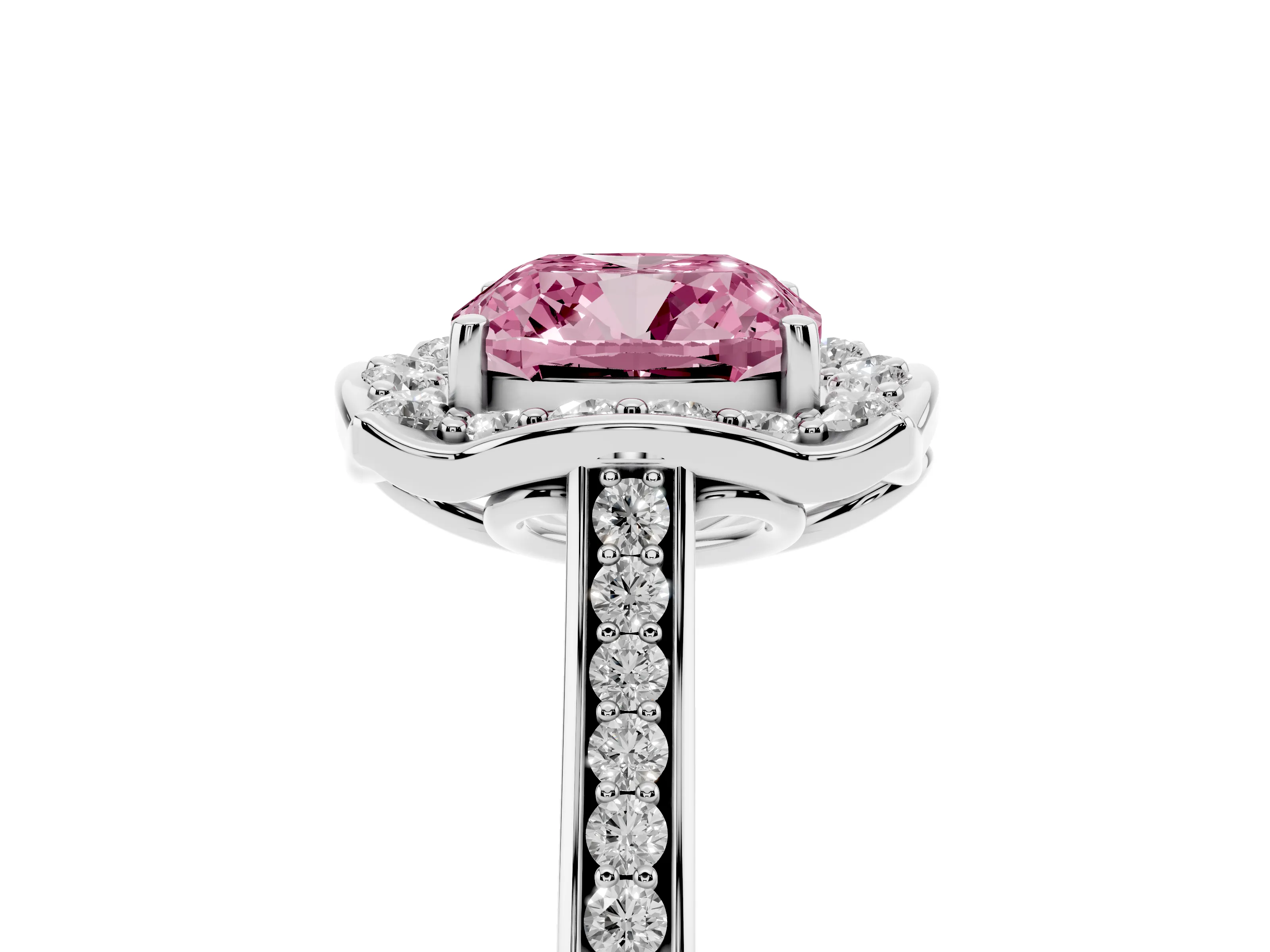 Fancy Pink Cushion Cut Diamond Halo Ring Set in White gold with Pavé-Lined Shoulders and Prong Setting