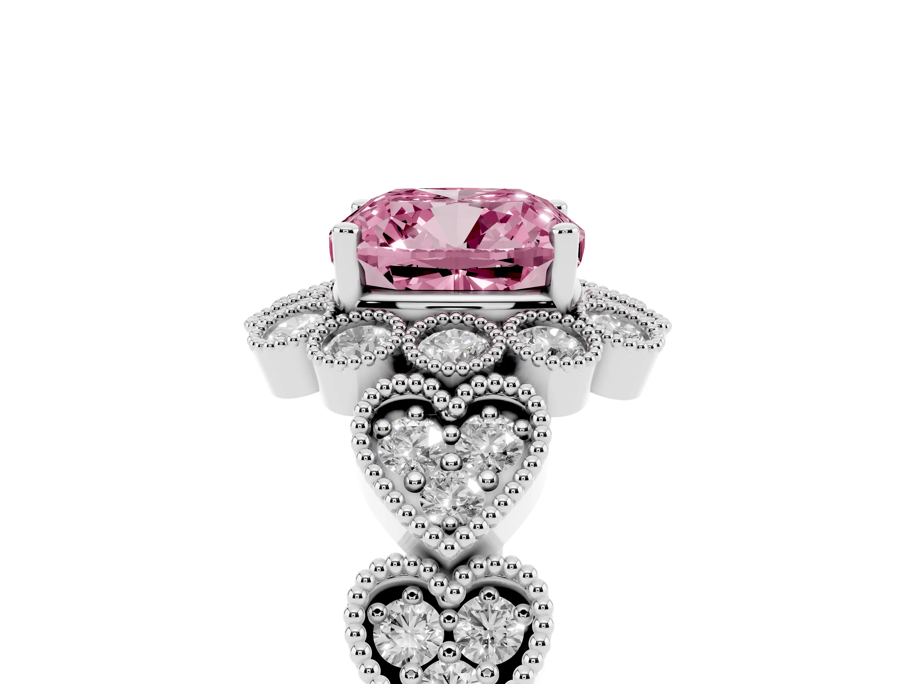 Fancy Pink Cushion Cut Diamond Solitaire Ring Set in Silver with Milgrain Pavé Heart Band