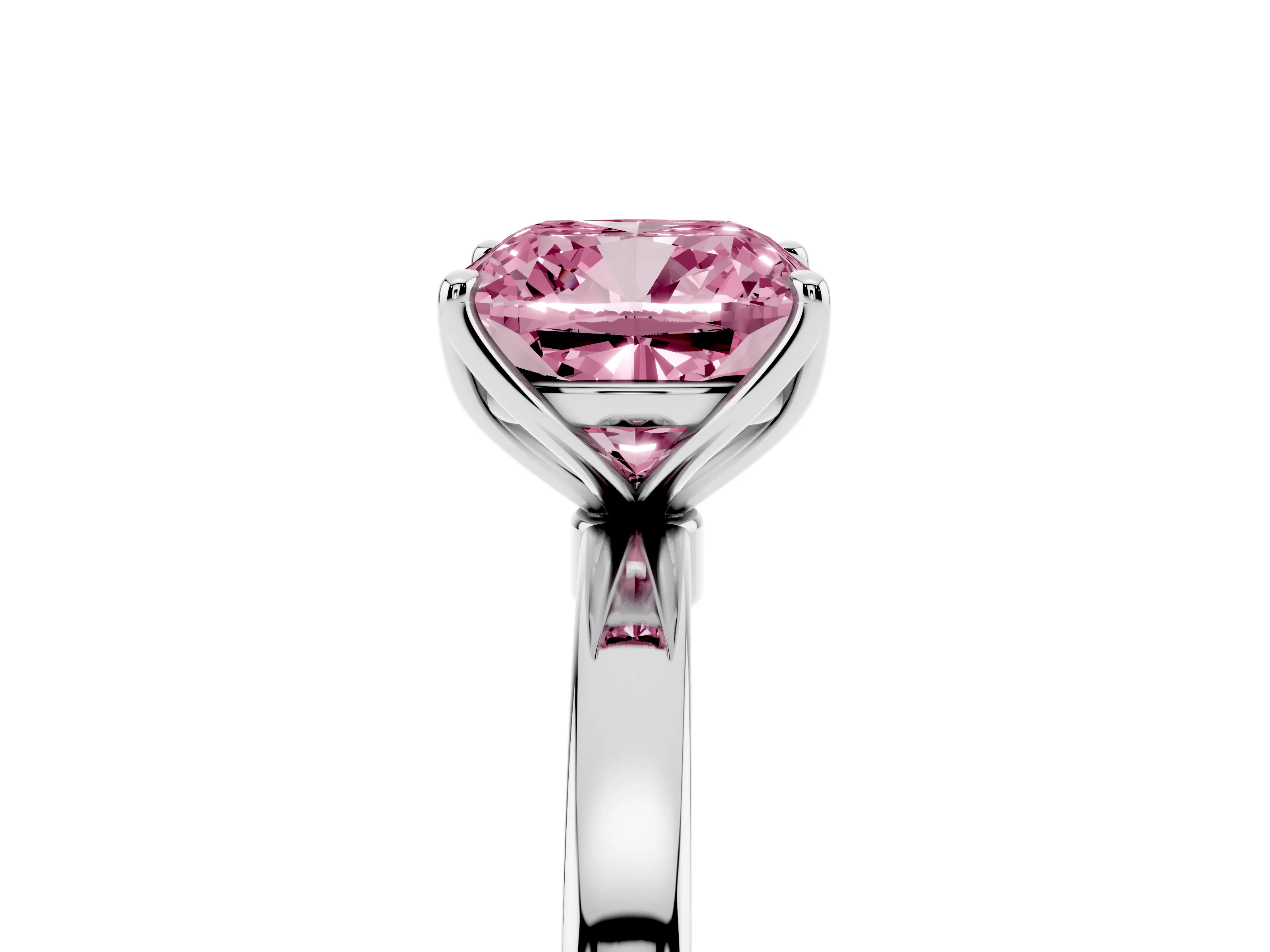 Fancy Pink Cushion Cut Diamond Solitaire Ring Set in White gold with Prong Setting and Thin Polished Band