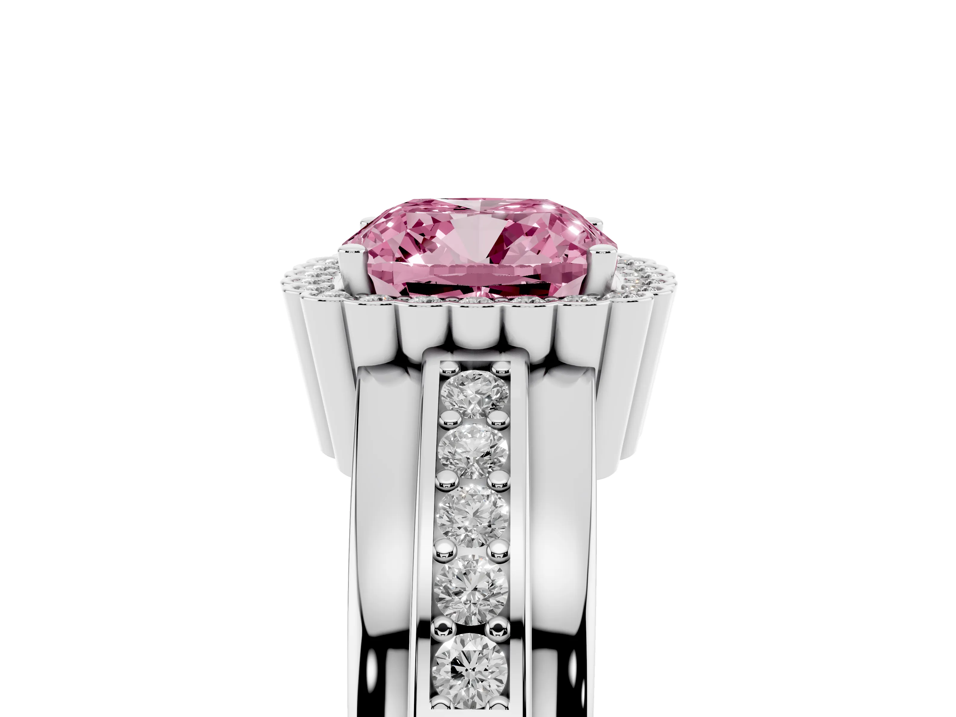 Fancy Pink Cushion Cut Diamond Halo Prong Ring Set in Platinum with Pavé Band