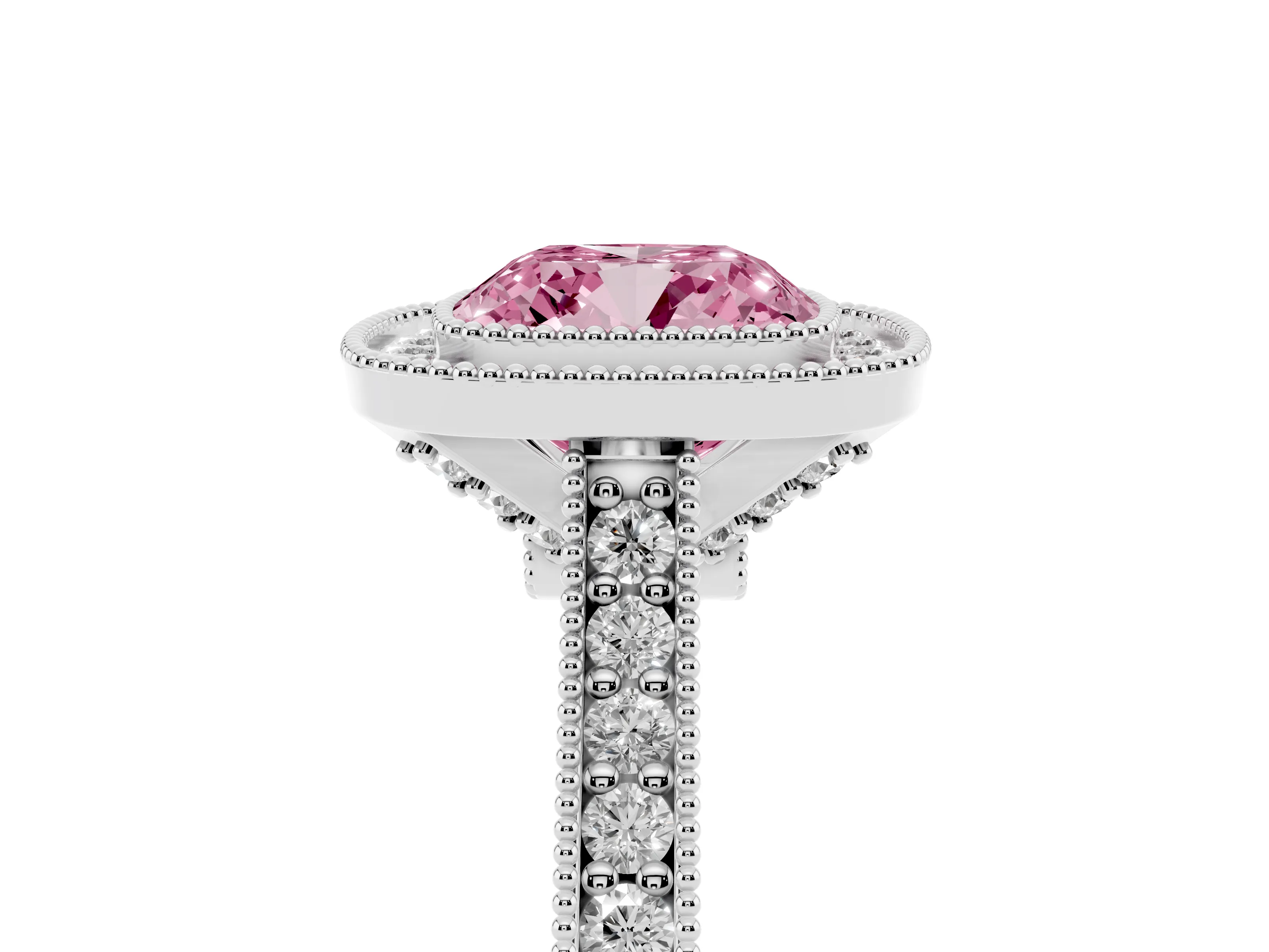 Fancy Pink Cushion Cut Diamond Halo Milgrain Pavé Band Ring Set in Silver with Prong Setting