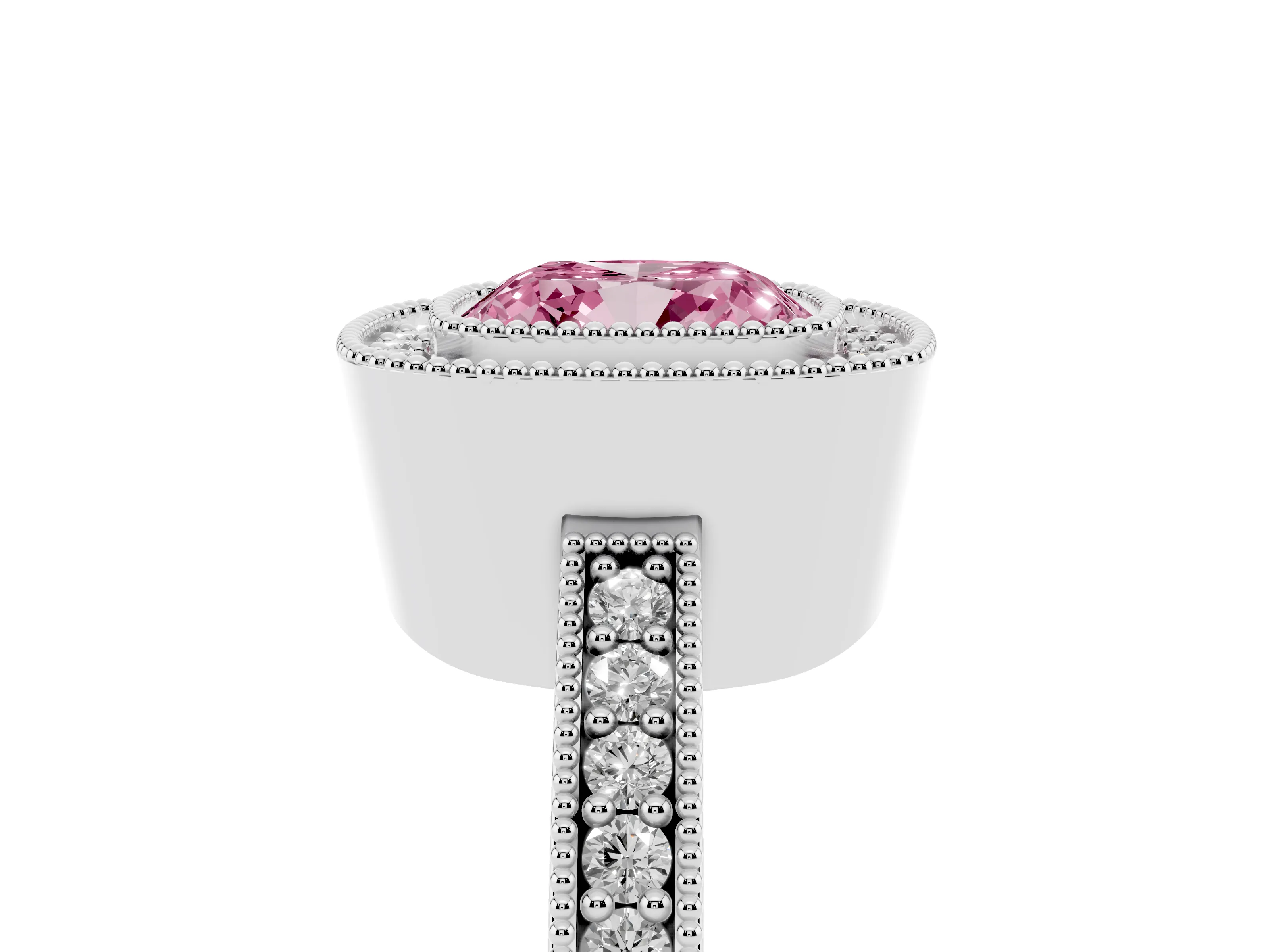 Fancy Pink Cushion Cut Diamond Halo Engagement Ring Set in White gold with Pavé Band and Round Halo Stones