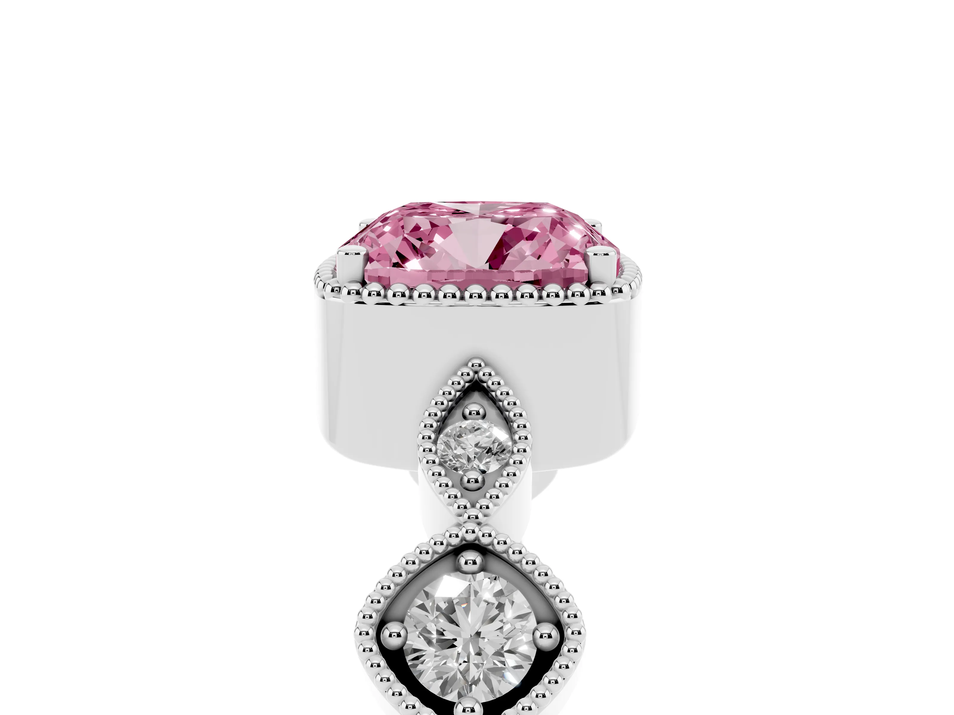 Fancy Pink Cushion Cut Diamond Vintage-Inspired Milgrain Ring Set in White gold with Marquise Stations of Round Accents