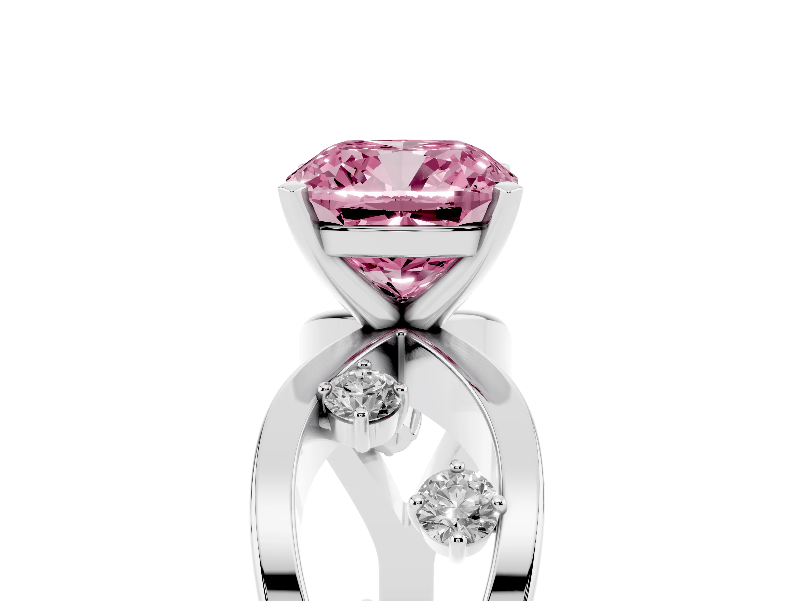 Fancy Pink Cushion Cut Diamond Solitaire Ring Set in Silver with Side Stones on Criss-Cross Band and Prong Setting