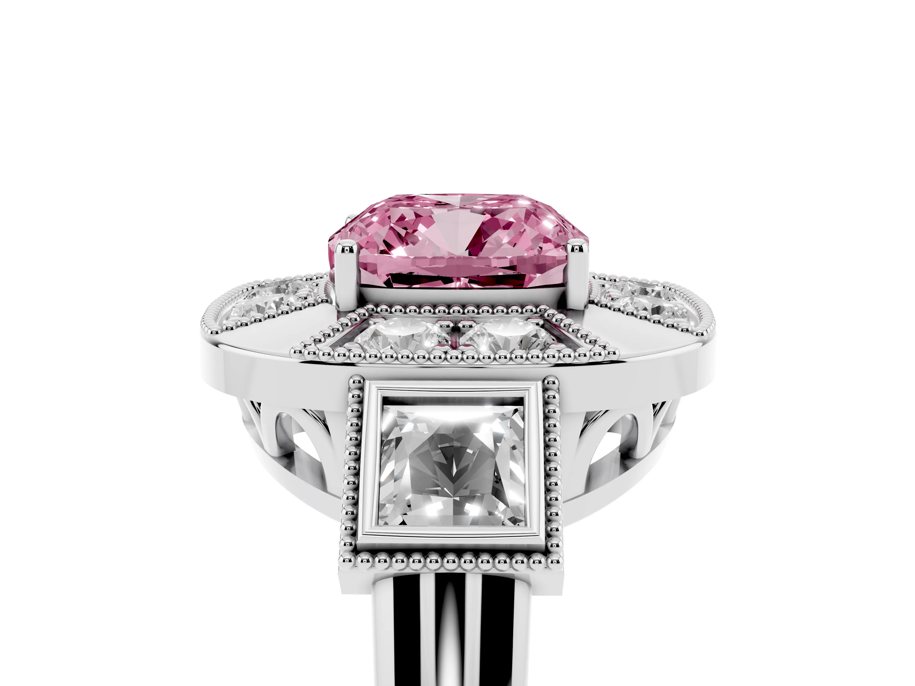 Fancy Pink Cushion Cut Diamond Milgrain Halo Ring Set in White gold with Split Shank
